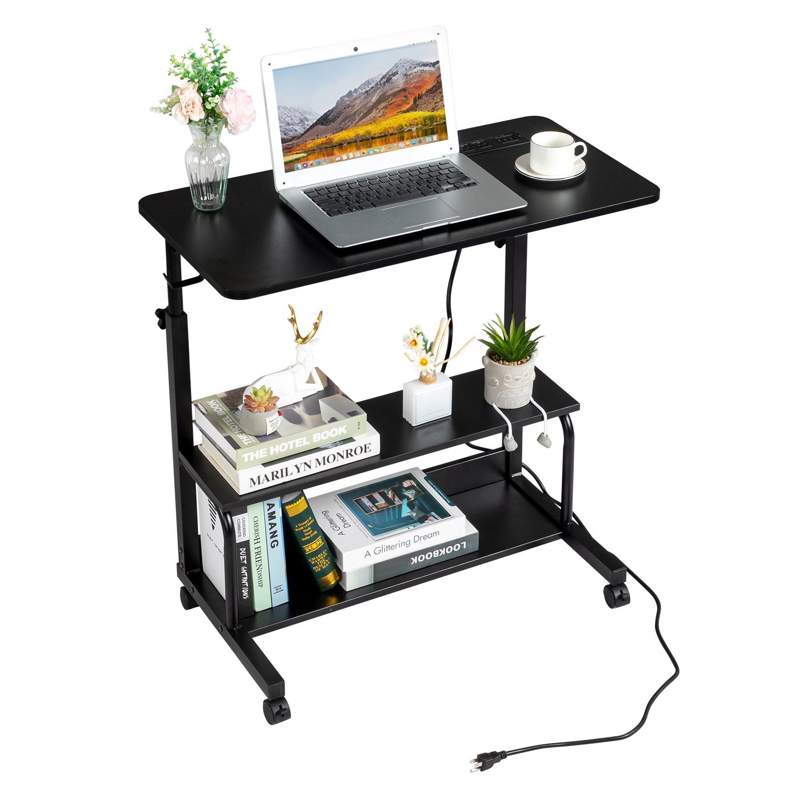 Haoyye Black Oak P2 Particle Board Adjustable Computer Desk with Melamine Coating, 3 USB and 2 AC Outlets, Ergonomic Height Adjustment