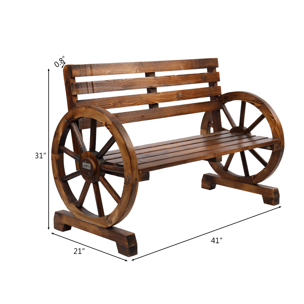 HAOYYE Rustic Wooden Wagon Wheel Bench with Slatted Seat and Backrest, Brown, Perfect for Gardens, Patios, and Outdoor Spaces