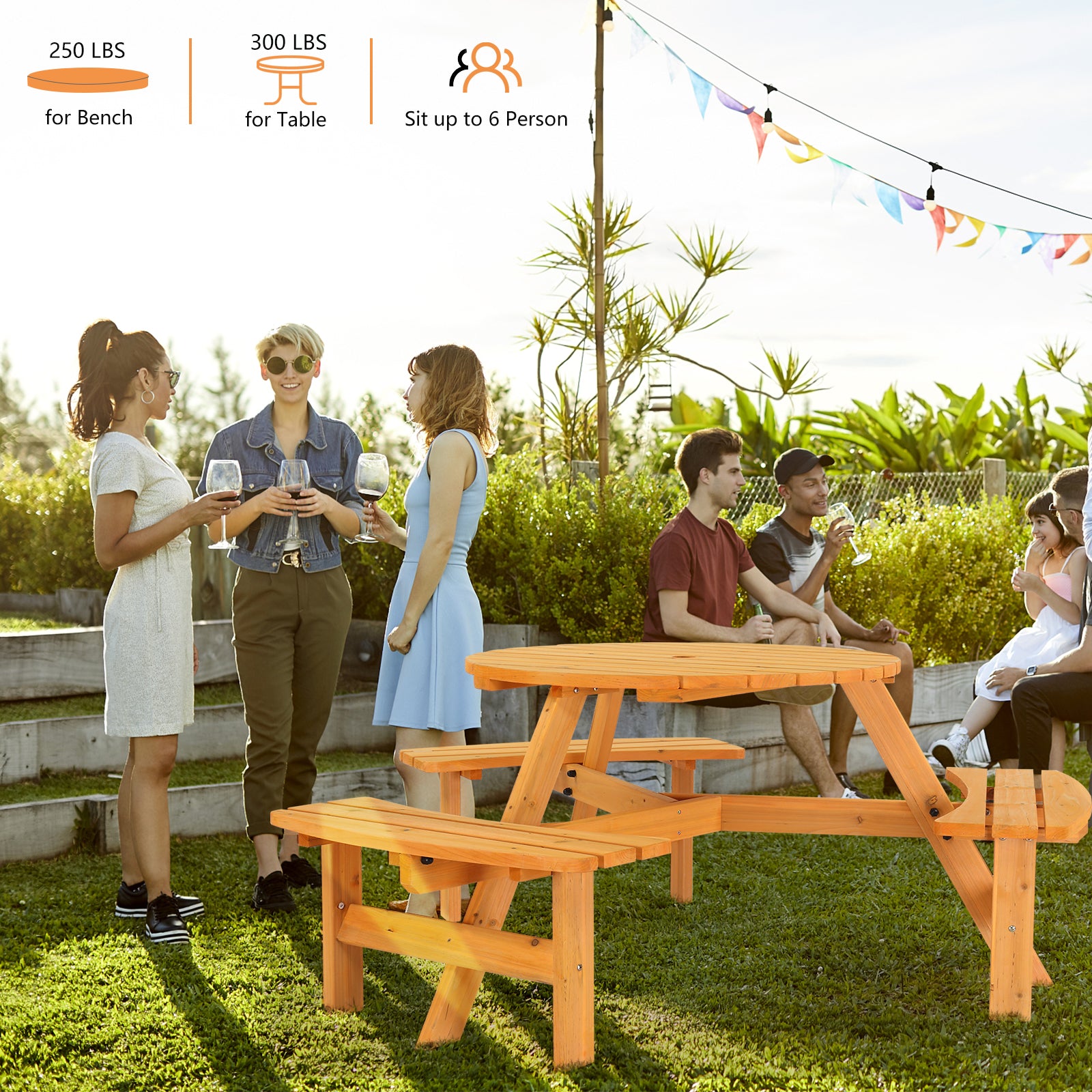 HAOYYE Outdoor Circular Wooden Picnic Table with 3 Built-In Benches, 6-Person Seating, Perfect for Porch, Backyard, Patio, Lawn, and Garden