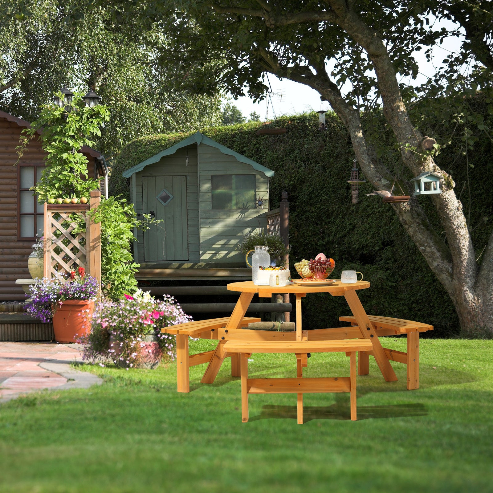 HAOYYE Outdoor Circular Wooden Picnic Table with 3 Built-In Benches, 6-Person Seating, Perfect for Porch, Backyard, Patio, Lawn, and Garden