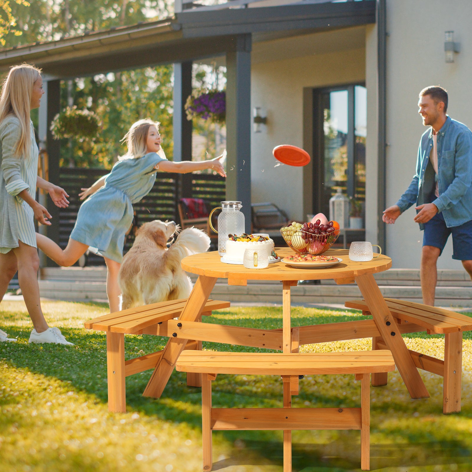 HAOYYE Outdoor Circular Wooden Picnic Table with 3 Built-In Benches, 6-Person Seating, Perfect for Porch, Backyard, Patio, Lawn, and Garden