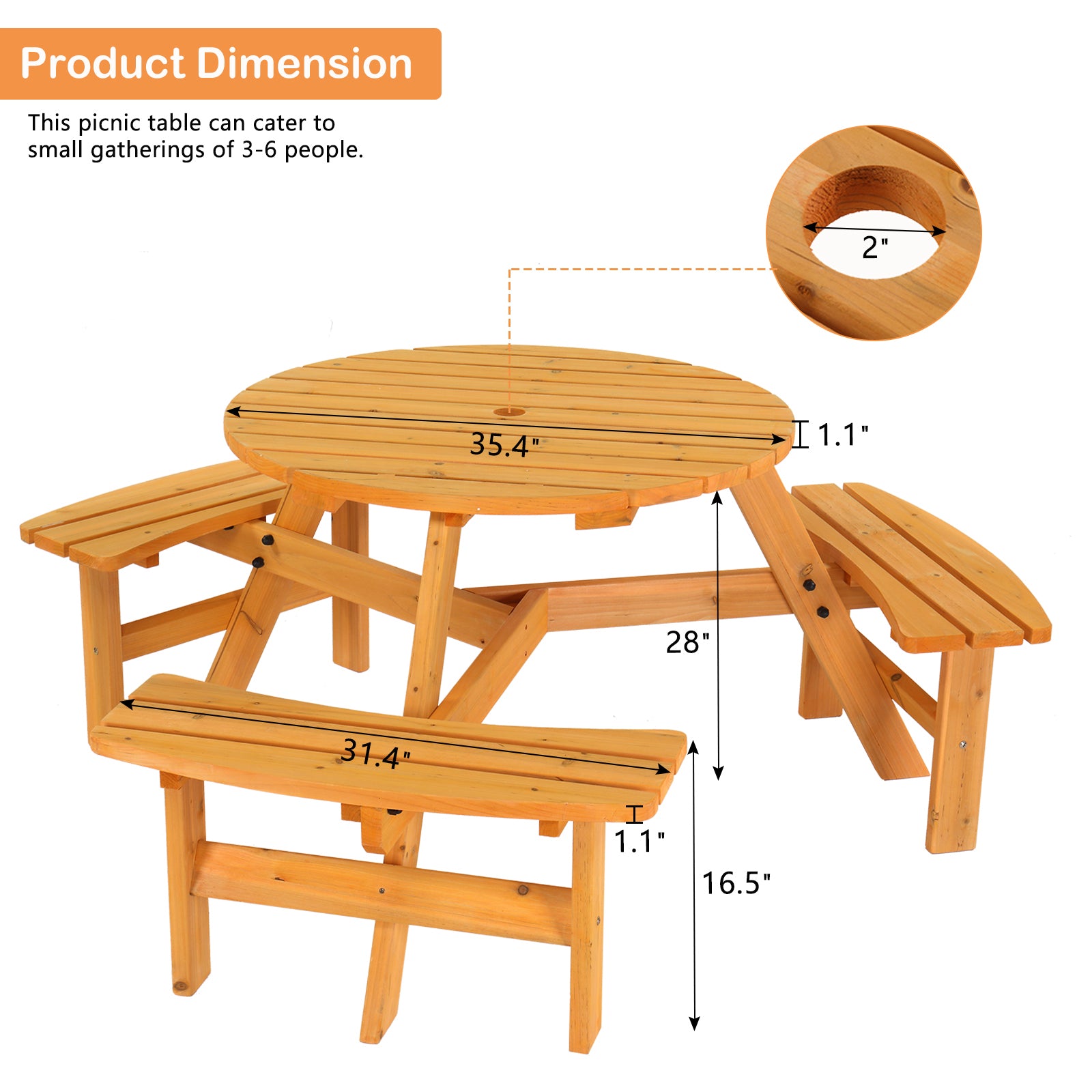 HAOYYE Outdoor Circular Wooden Picnic Table with 3 Built-In Benches, 6-Person Seating, Perfect for Porch, Backyard, Patio, Lawn, and Garden