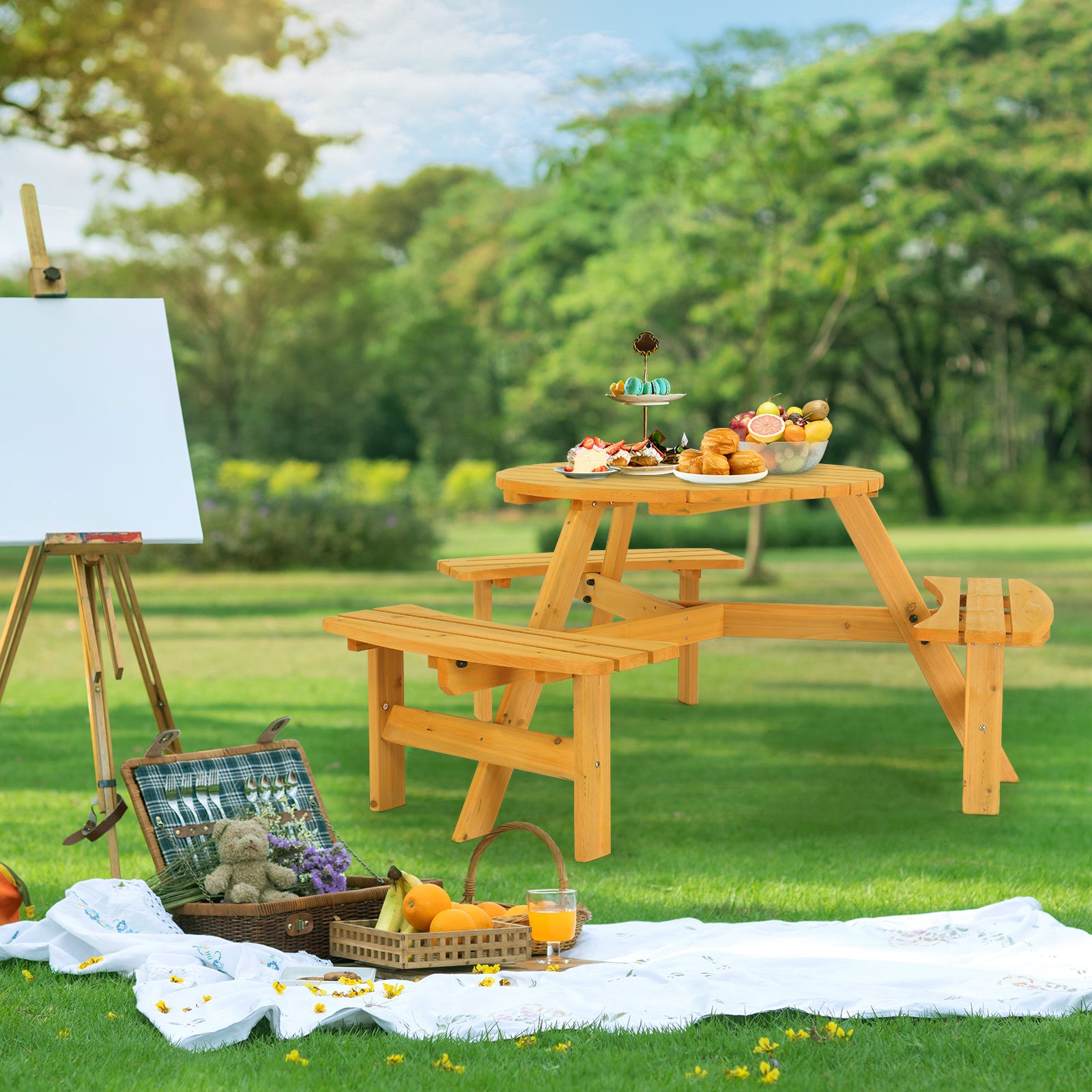 HAOYYE Outdoor Circular Wooden Picnic Table with 3 Built-In Benches, 6-Person Seating, Perfect for Porch, Backyard, Patio, Lawn, and Garden