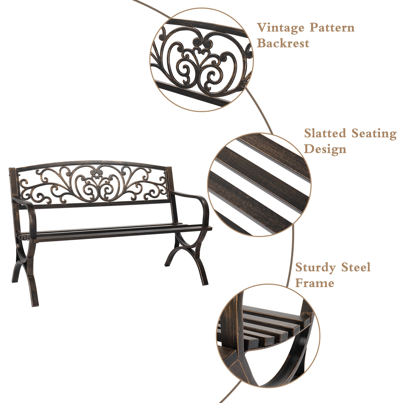 HAOYYE Butterfly Back Cross Feet Bronze Iron Bench, Sturdy Outdoor Seating, Ideal for Patios, Gardens, and Porches