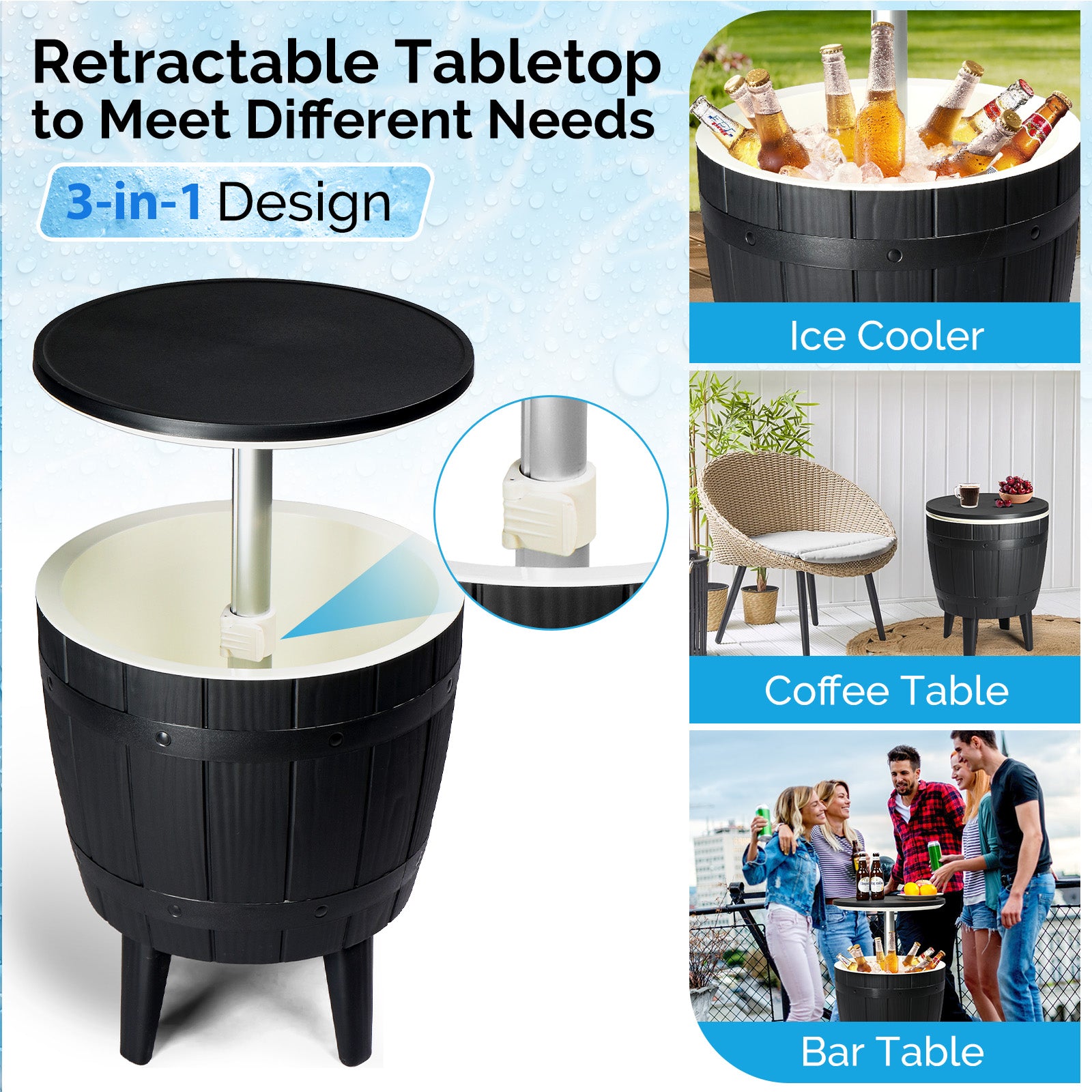 HAOYYE Outdoor Cooler Table, Height-Adjustable Cool Bar with 10 Gallon Beer and Wine Cooler, All-Weather Resistant Patio Ice Bar for Deck, Pool Party, or Backyard, Stylish and Functional Outdoor Beverage Station