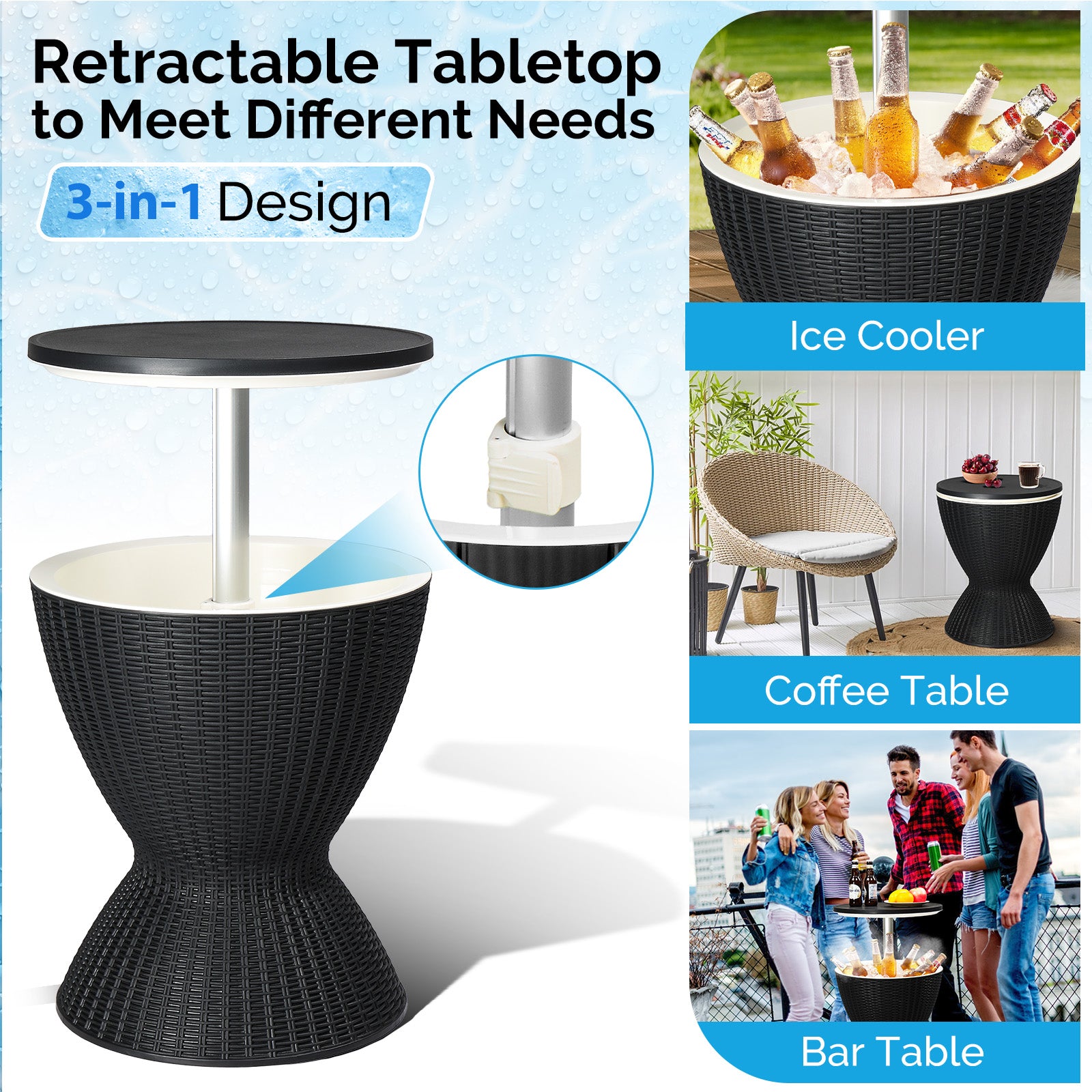 HAOYYE Outdoor Cooler Table, Height-Adjustable Patio Ice Bar With 8 Gallon Beer And Wine Storage, Weather-Resistant Cool Bar For Deck And Pool Parties, Black