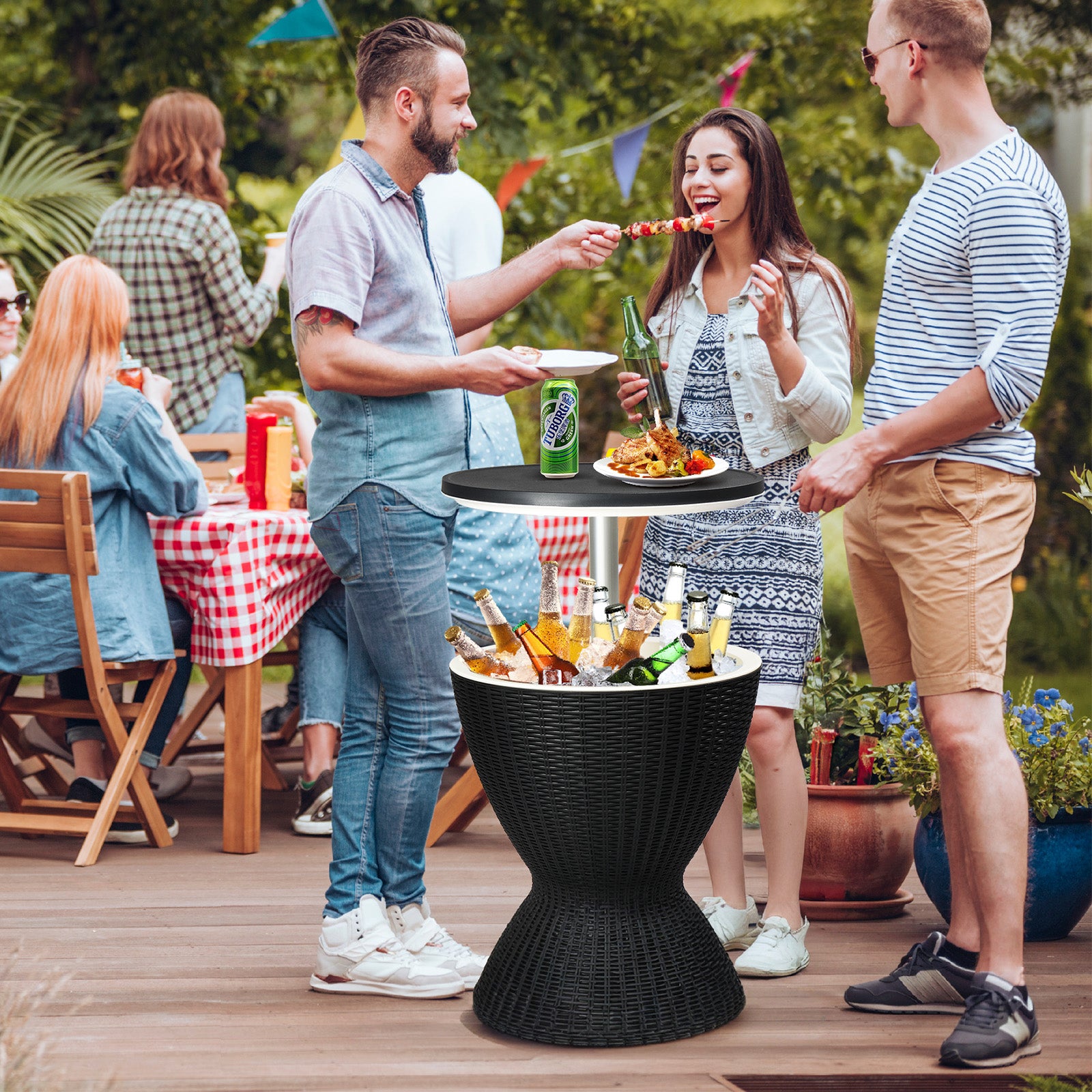 HAOYYE Outdoor Cooler Table, Height-Adjustable Patio Ice Bar With 8 Gallon Beer And Wine Storage, Weather-Resistant Cool Bar For Deck And Pool Parties, Black