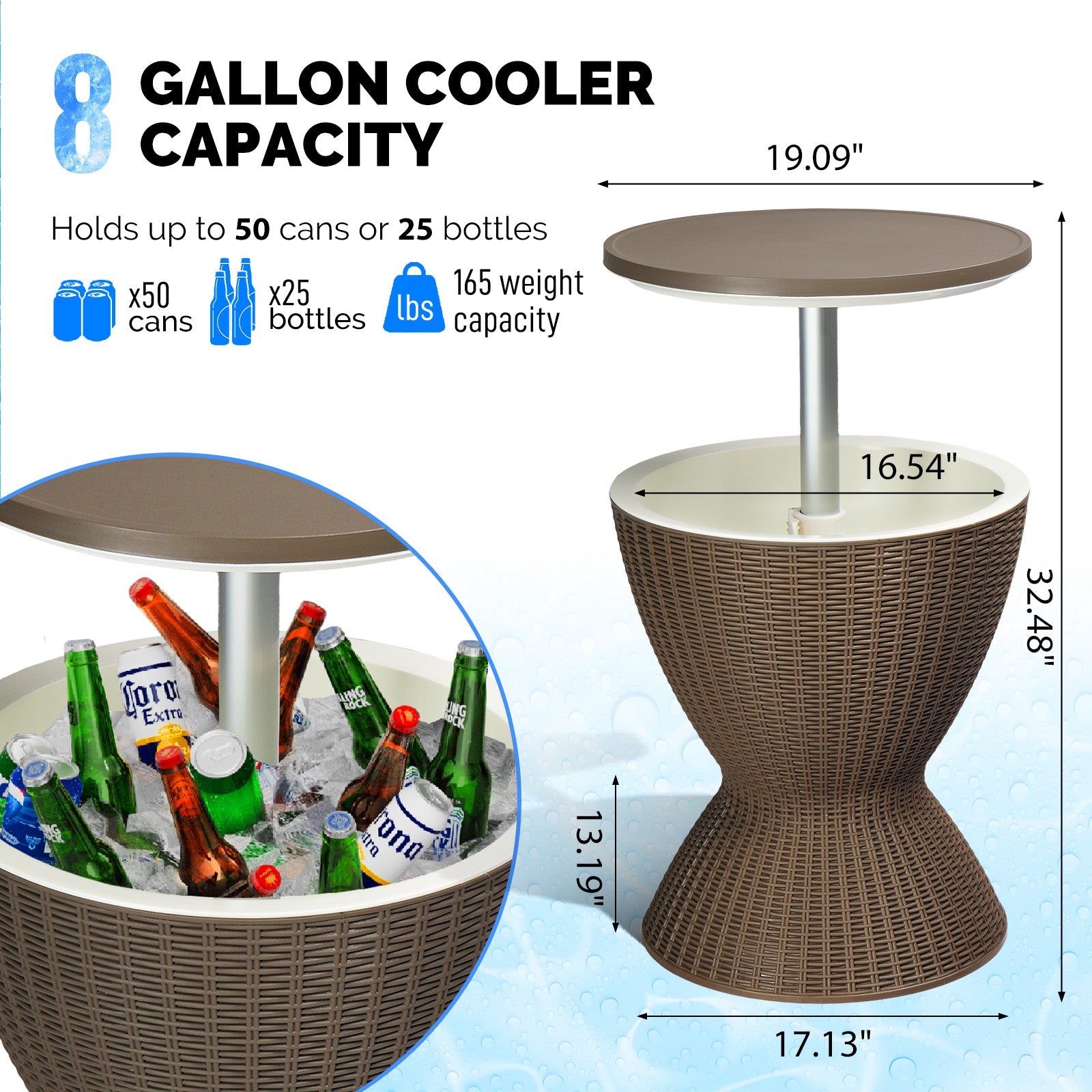 HAOYYE Outdoor Height-Adjustable Cooler Table, 8-Gallon Beer and Wine Cooler, All-Weather Resistant Patio Ice Bar for Deck and Pool Parties, Coffee Color