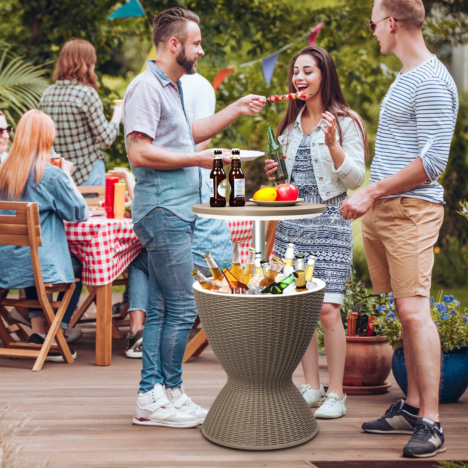 HAOYYE Outdoor Height-Adjustable Cooler Table, 8-Gallon Beer and Wine Cooler, All-Weather Resistant Patio Ice Bar for Deck and Pool Parties, Coffee Color