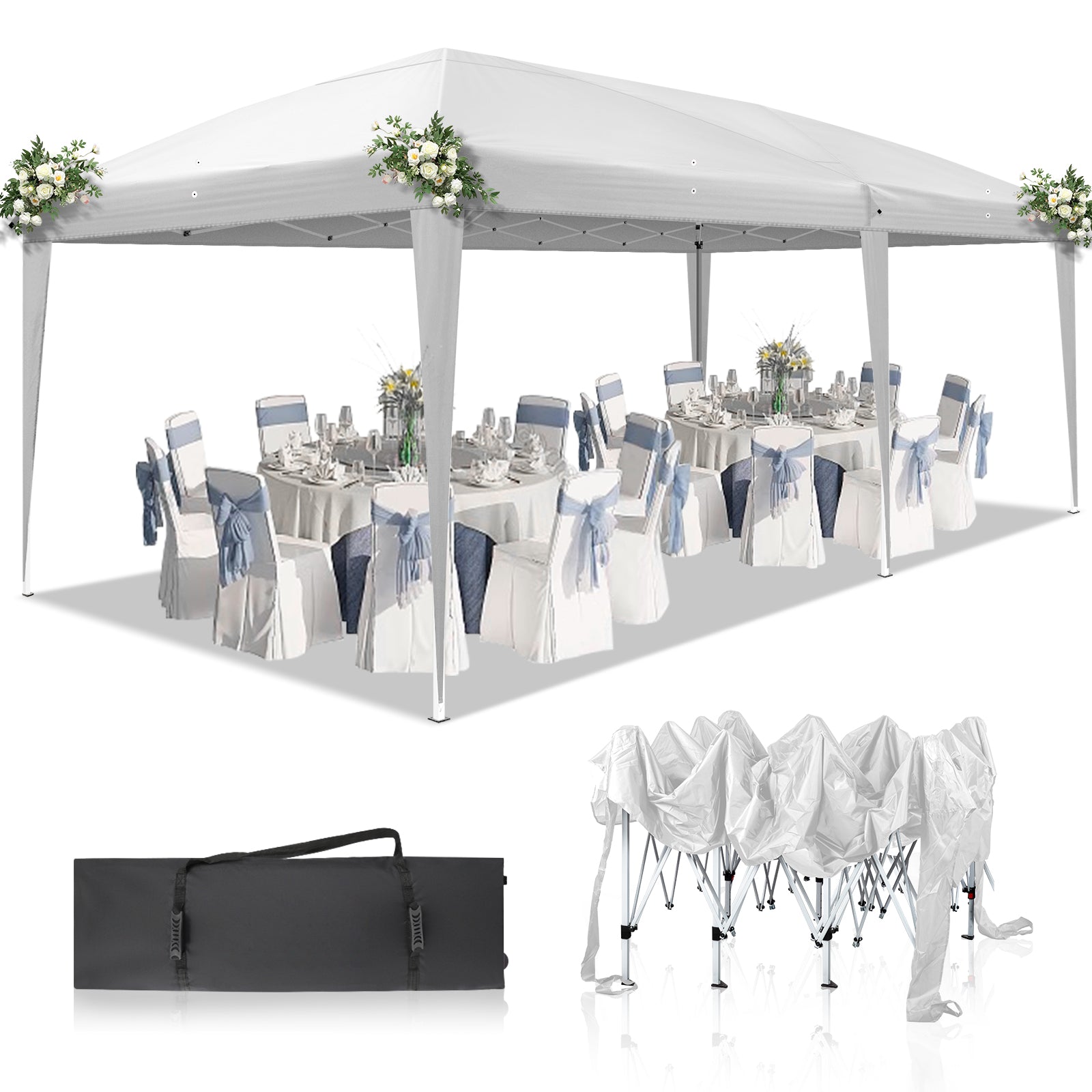 HAOYYE 20*10*8.5ft Waterproof Folding Tent with Carry Bag, White Outdoor Pop Up Canopy with Steel Frame, Adjustable Height, Easy Setup for Camping, Backyard, Patio, Party, Market, Portable Event Shelter