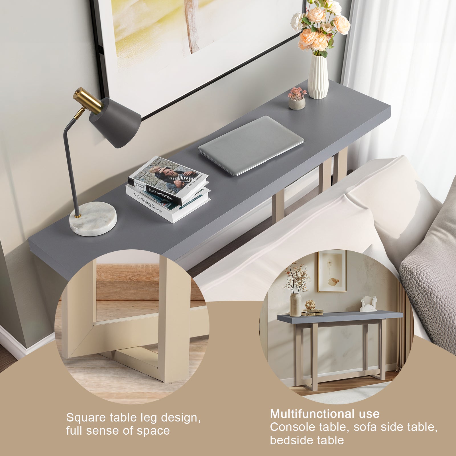 HAOYYE Modern Wood Console Table, Long Entryway Table for Hallway, Living Room, Foyer, and Bedroom, Sleek and Sturdy Sofa Table with Storage Space, Gray, Stylish Accent Furniture for Home Decor