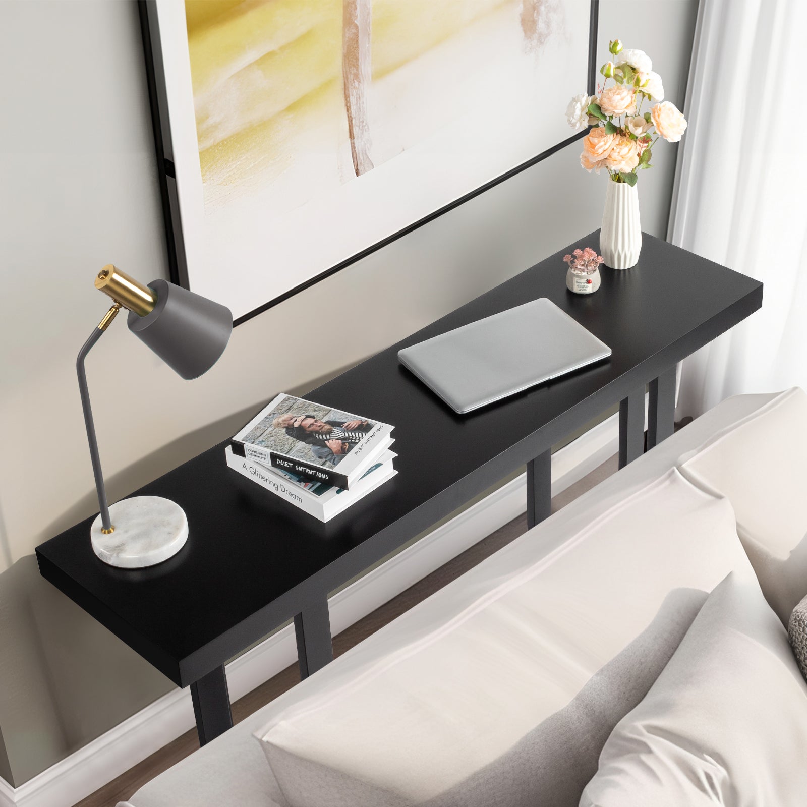 HAOYYE Modern Wood Console Table, Long Entryway Table for Hallway, Living Room, Foyer, and Bedroom, Sleek and Sturdy Sofa Table with Storage Space, Black, Stylish Accent Furniture for Home Decor