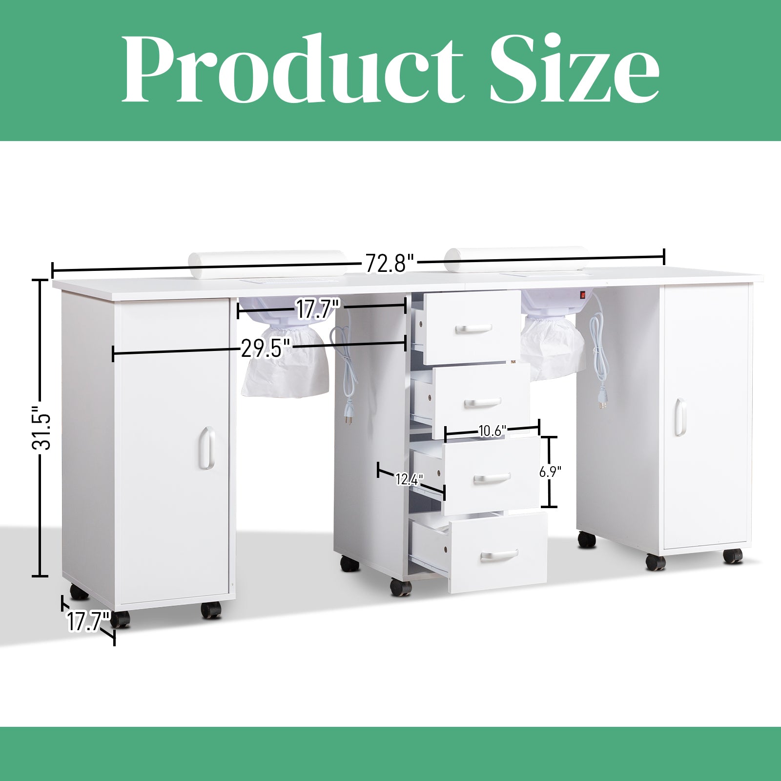 HAOYYE Double Manicure Table with Electric Dust Collector and Wrist Rest Movable Nail Desk Station for Nail Tech Nail Salon Spa Studio Beauty Workstation White Rolling Nail Table with Storage Drawers and Lockable Wheels