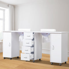 HAOYYE Double Manicure Table with Electric Dust Collector and Wrist Rest Movable Nail Desk Station for Nail Tech Nail Salon Spa Studio Beauty Workstation White Rolling Nail Table with Storage Drawers and Lockable Wheels