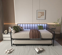 HAOYYE Twin Daybed with RGB LED Lights & Charging Station, Height Adjustable Day Bed Frame with Trundle, Versatile Metal Sofa Bed Frame for Bedroom, Living Room, Guest Room, Black