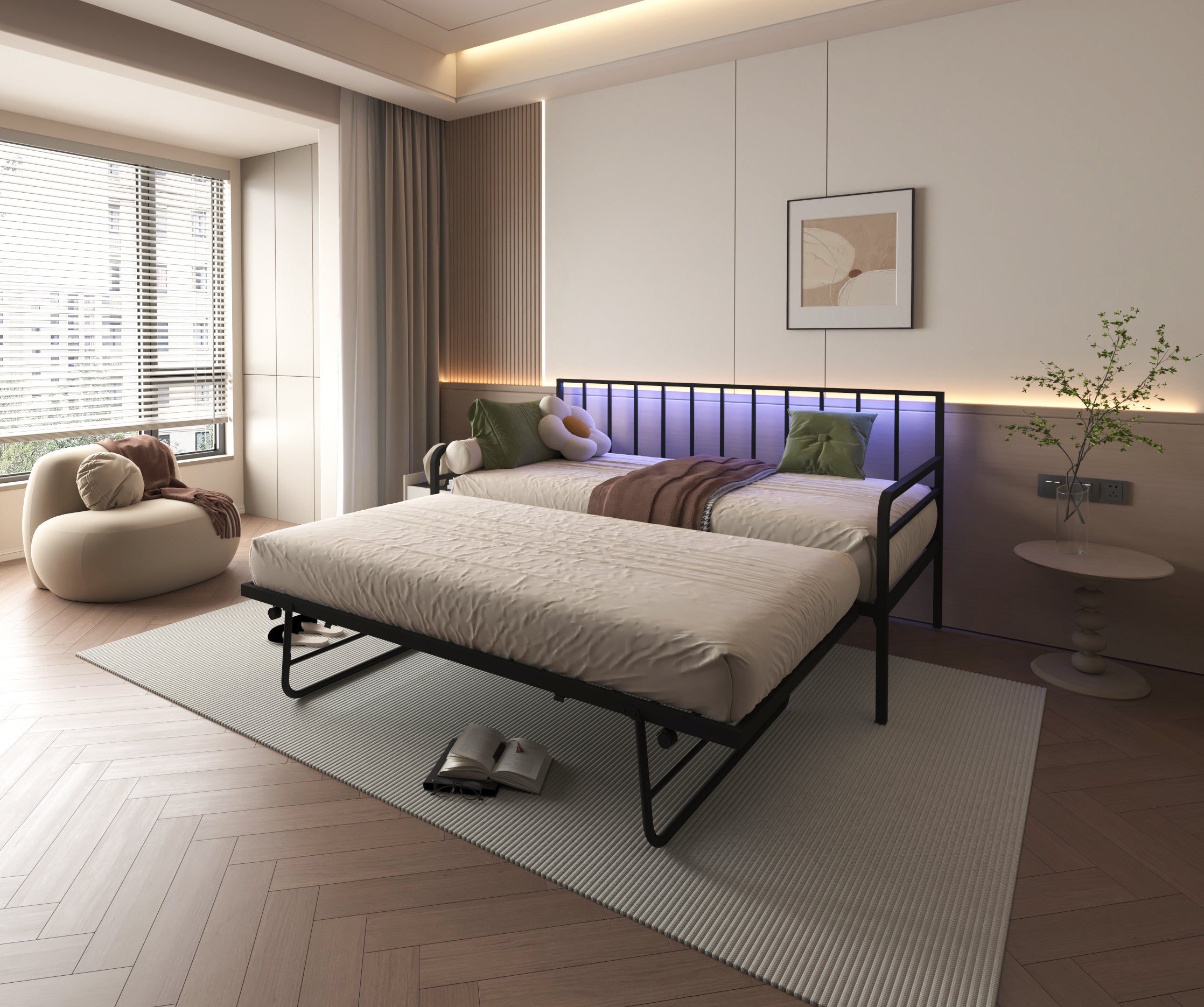 HAOYYE Twin Daybed with RGB LED Lights & Charging Station, Height Adjustable Day Bed Frame with Trundle, Versatile Metal Sofa Bed Frame for Bedroom, Living Room, Guest Room, Black