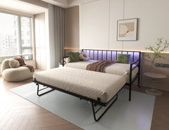 HAOYYE Twin Daybed with RGB LED Lights & Charging Station, Height Adjustable Day Bed Frame with Trundle, Versatile Metal Sofa Bed Frame for Bedroom, Living Room, Guest Room, Black