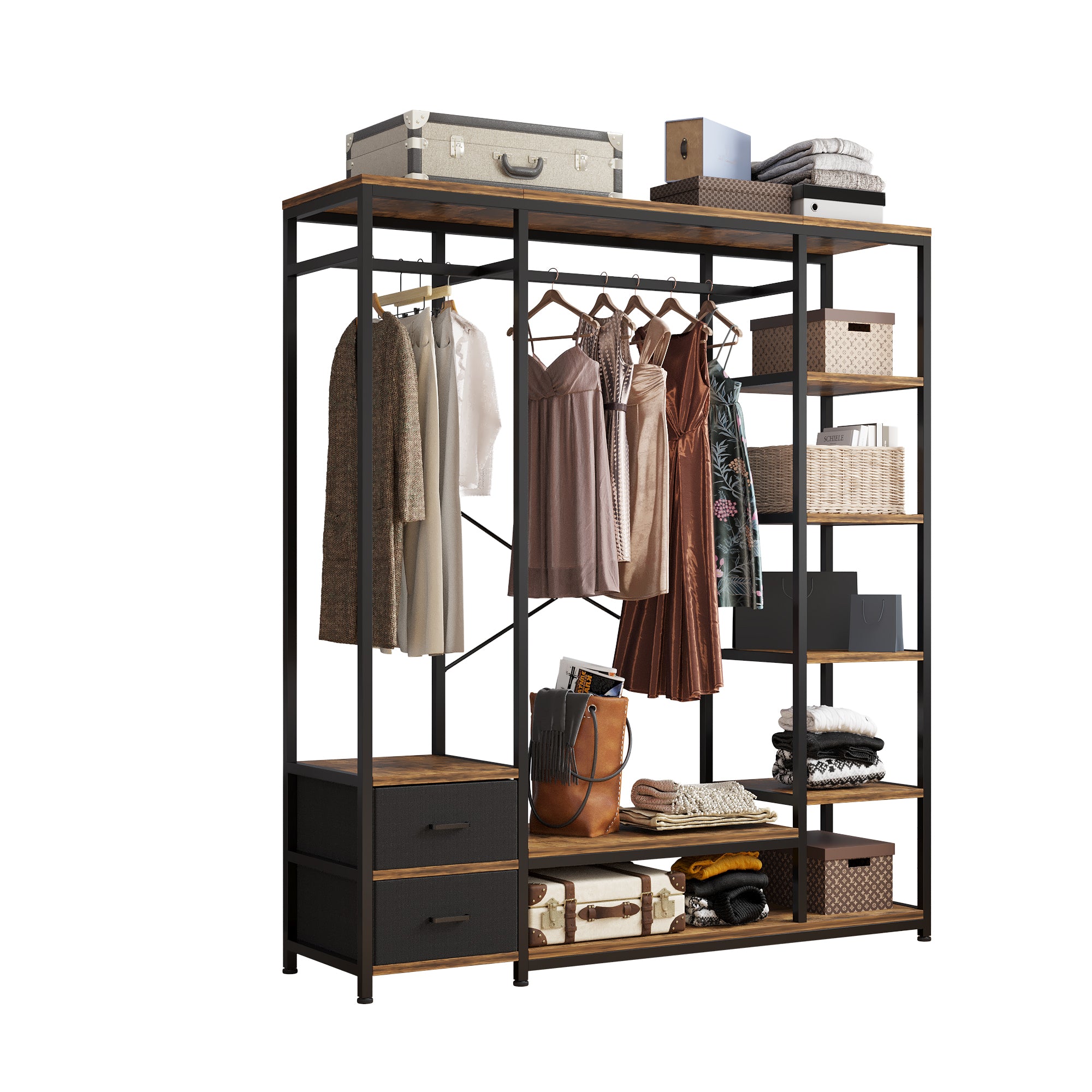 HAOYYE Independent Portable Wardrobe Clothes Rack with Drawers Heavy Duty Storage Organizer with Shelves and Hanging Rods for Bedroom Black Metal Frame