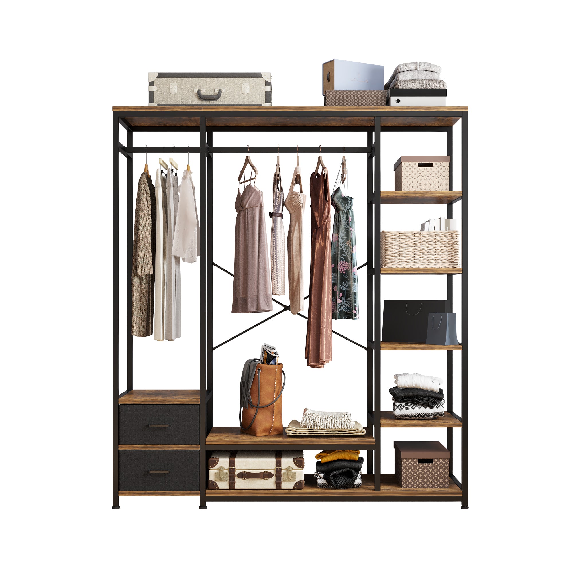 HAOYYE Independent Portable Wardrobe Clothes Rack with Drawers Heavy Duty Storage Organizer with Shelves and Hanging Rods for Bedroom Black Metal Frame