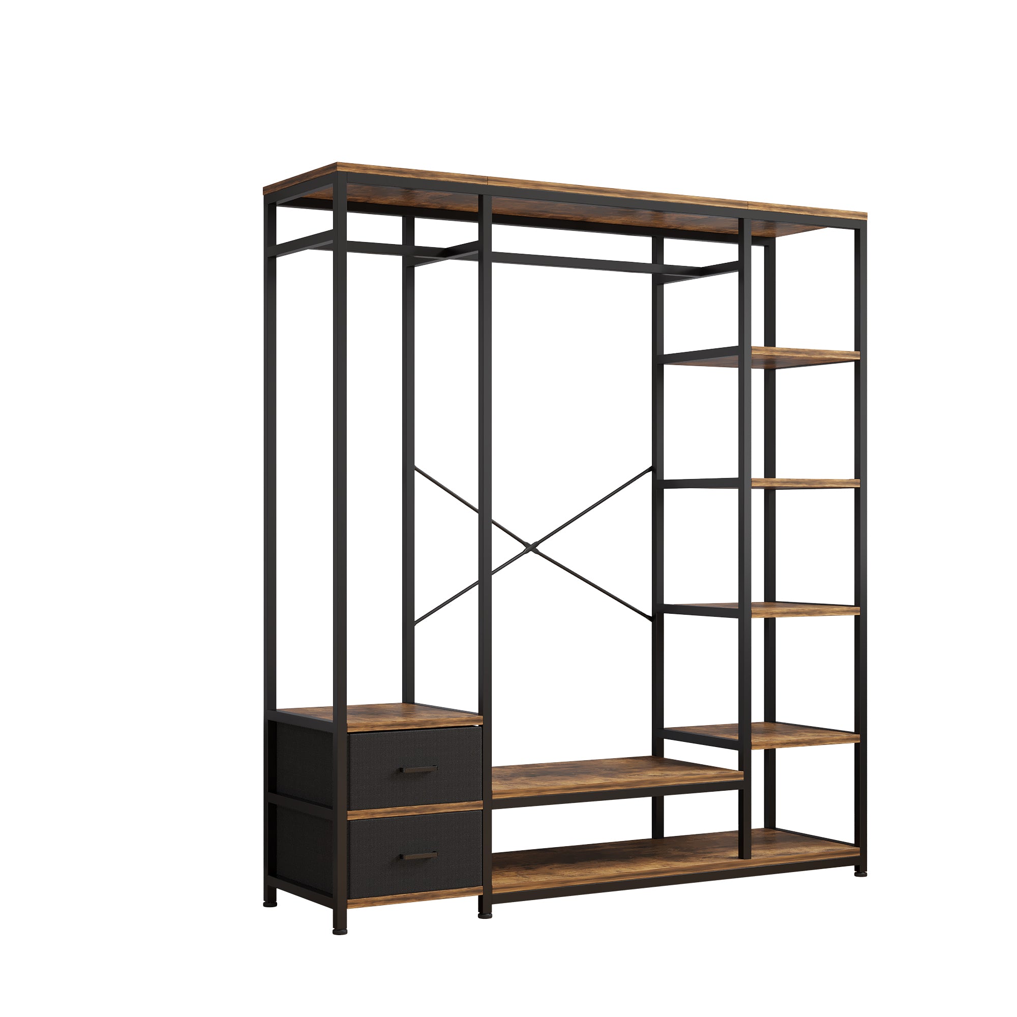 HAOYYE Independent Portable Wardrobe Clothes Rack with Drawers Heavy Duty Storage Organizer with Shelves and Hanging Rods for Bedroom Black Metal Frame