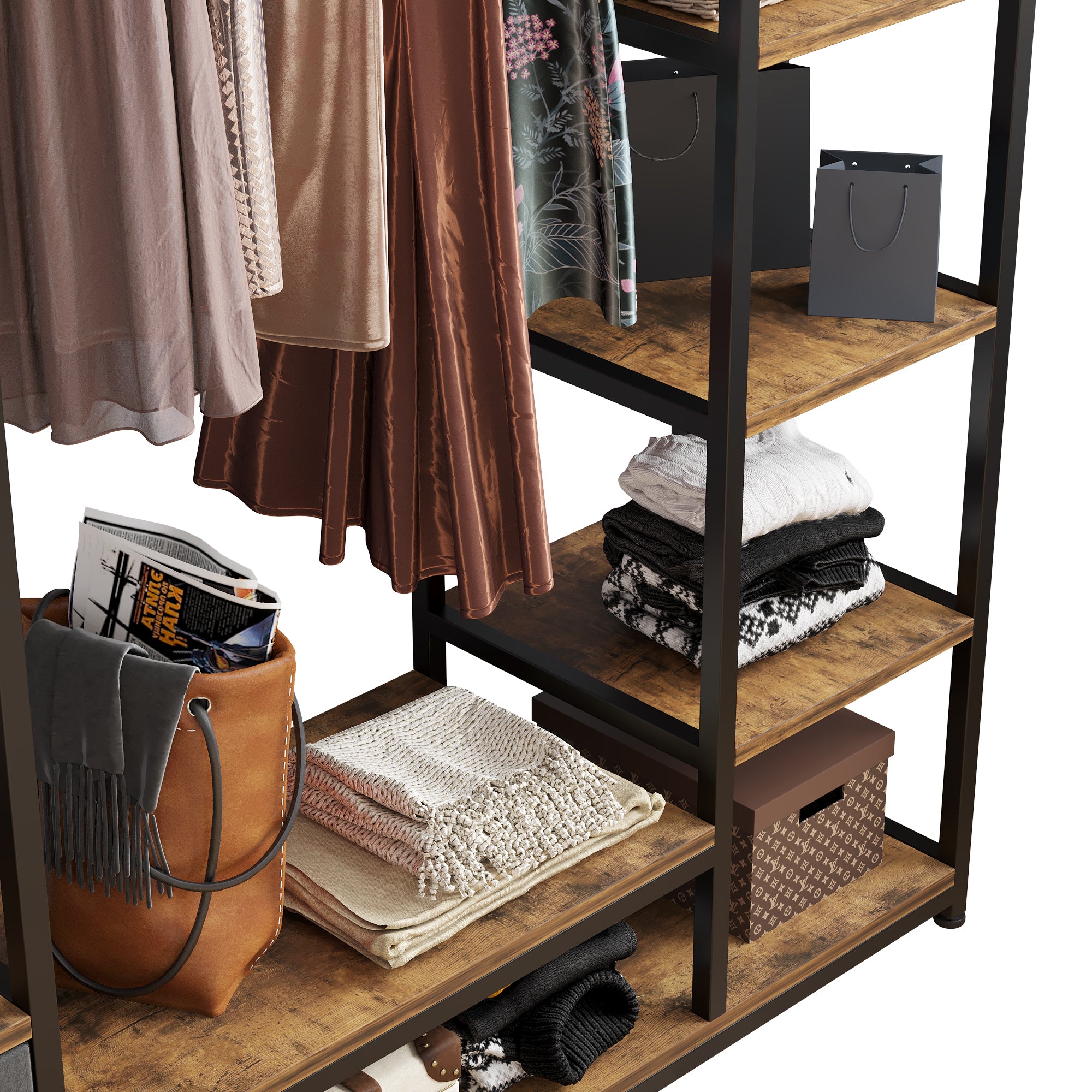 HAOYYE Independent Portable Wardrobe Clothes Rack with Drawers Heavy Duty Storage Organizer with Shelves and Hanging Rods for Bedroom Black Metal Frame