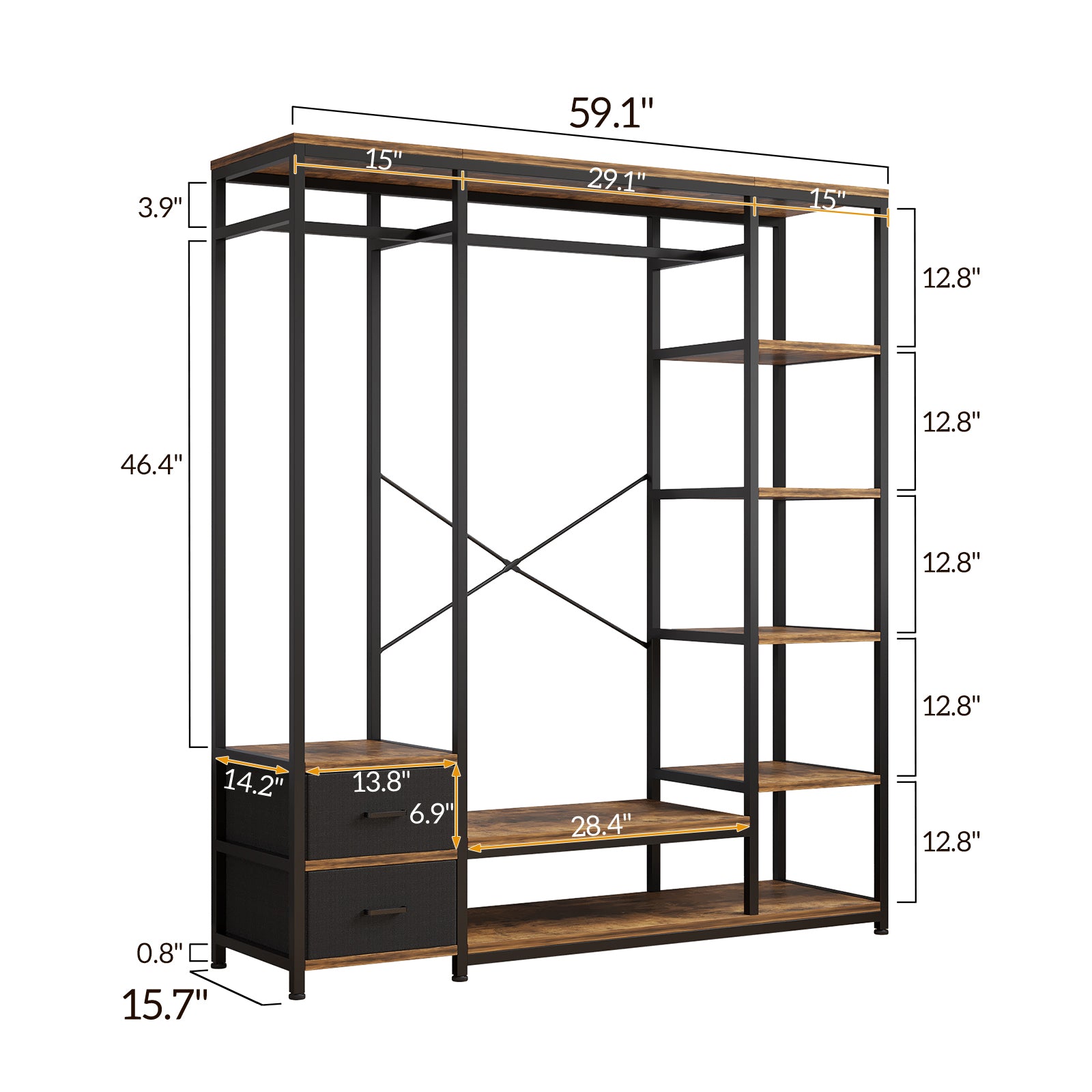 HAOYYE Independent Portable Wardrobe Clothes Rack with Drawers Heavy Duty Storage Organizer with Shelves and Hanging Rods for Bedroom Black Metal Frame