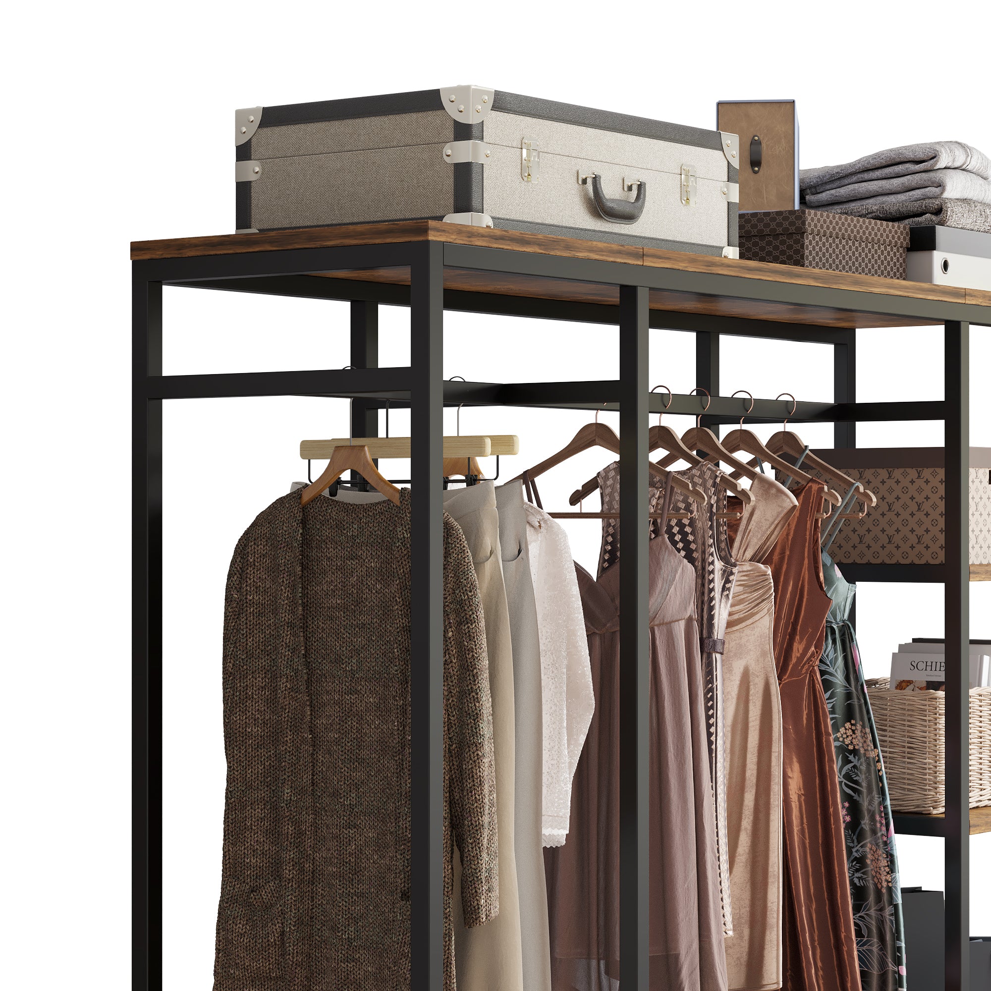HAOYYE Independent Portable Wardrobe Clothes Rack with Drawers Heavy Duty Storage Organizer with Shelves and Hanging Rods for Bedroom Black Metal Frame
