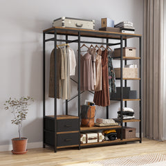 HAOYYE Independent Portable Wardrobe Clothes Rack with Drawers Heavy Duty Storage Organizer with Shelves and Hanging Rods for Bedroom Black Metal Frame