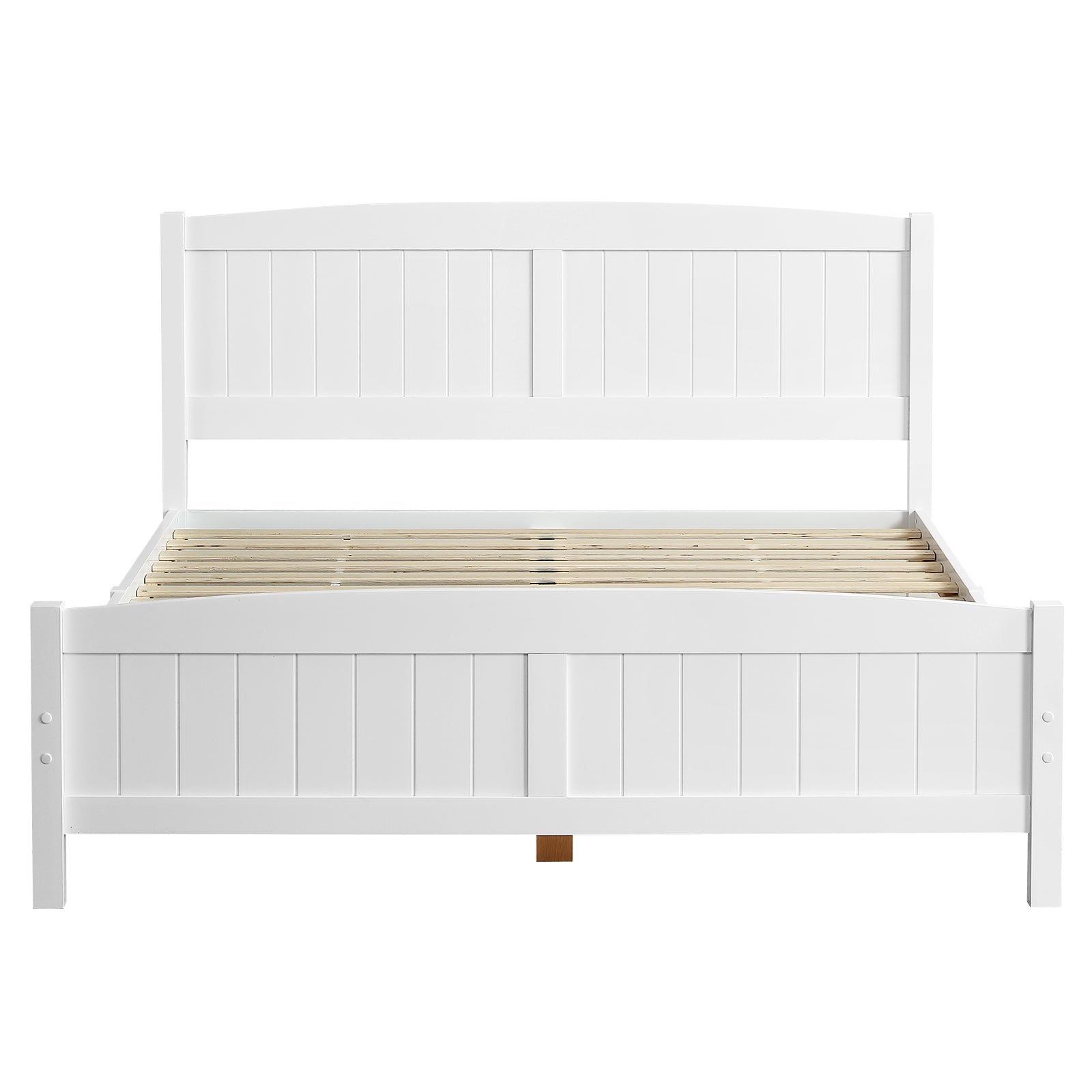 HAOYYE FCH Queen Size Wooden Bed with Pine Vertical Stripe Curved Headboard, White Bed Frame with Matching Tail, Sturdy & Stylish Design for Bedroom, Easy Assembly