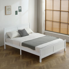 HAOYYE FCH Queen Size Wooden Bed with Pine Vertical Stripe Curved Headboard, White Bed Frame with Matching Tail, Sturdy & Stylish Design for Bedroom, Easy Assembly