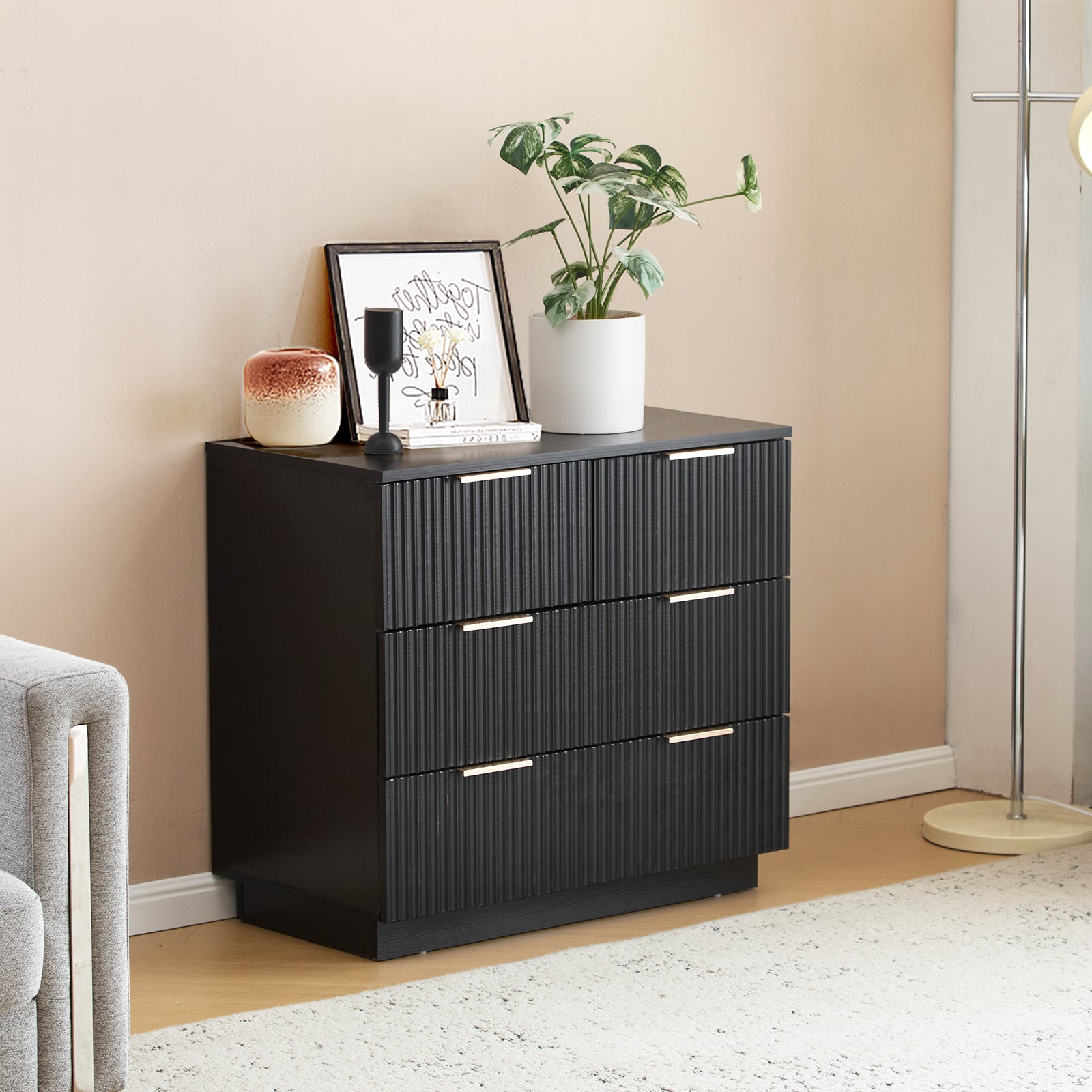 HAOYYE Black 4-Drawer Nightstand, P2 Particle Board & Density Board Bedside Cabinet with Wavy Pattern Drawer Fronts, Modern 3-Tier Storage Dresser for Bedroom & Living Room, Space-Saving Nightstand with Sturdy Construction