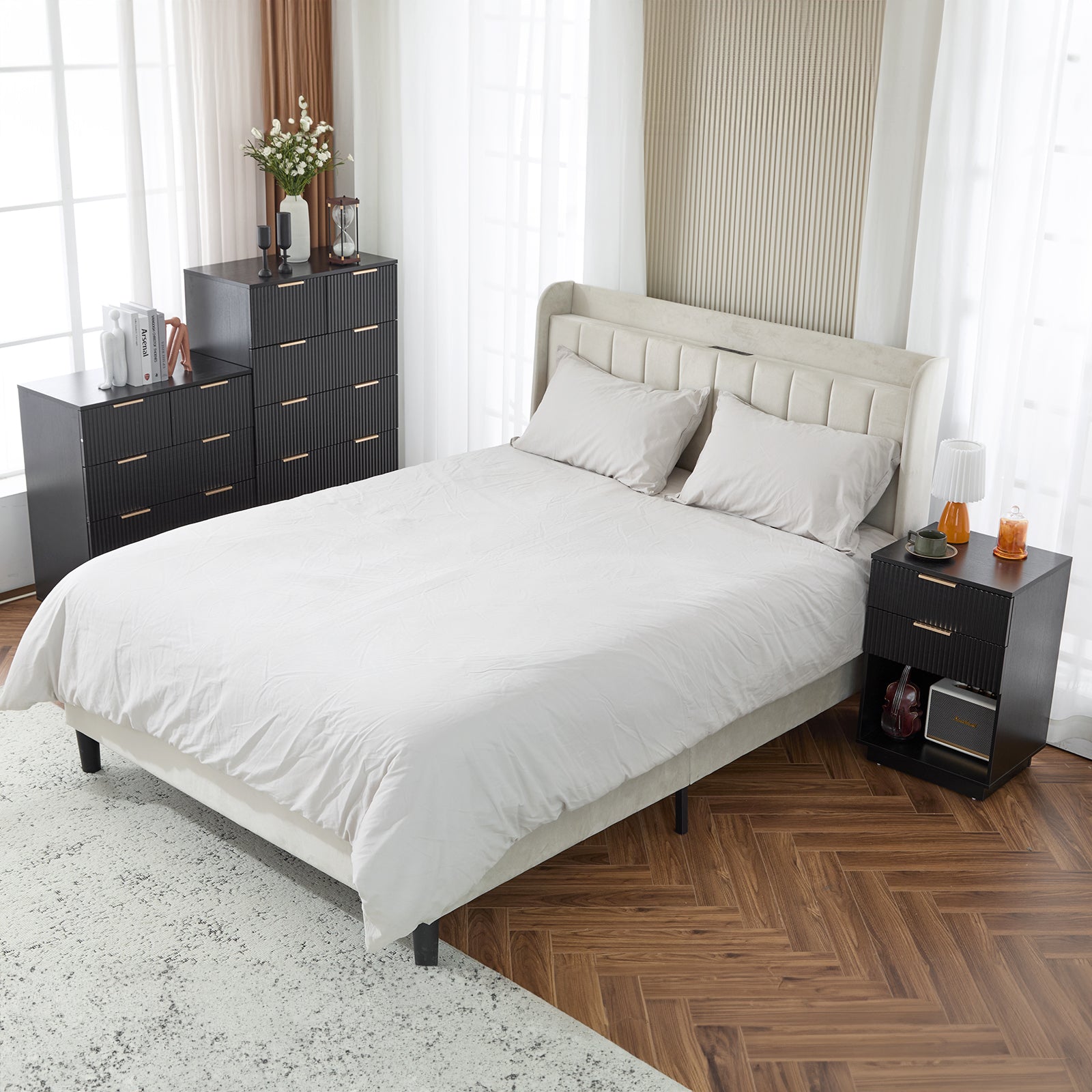 HAOYYE Black 4-Drawer Nightstand, P2 Particle Board & Density Board Bedside Cabinet with Wavy Pattern Drawer Fronts, Modern 3-Tier Storage Dresser for Bedroom & Living Room, Space-Saving Nightstand with Sturdy Construction