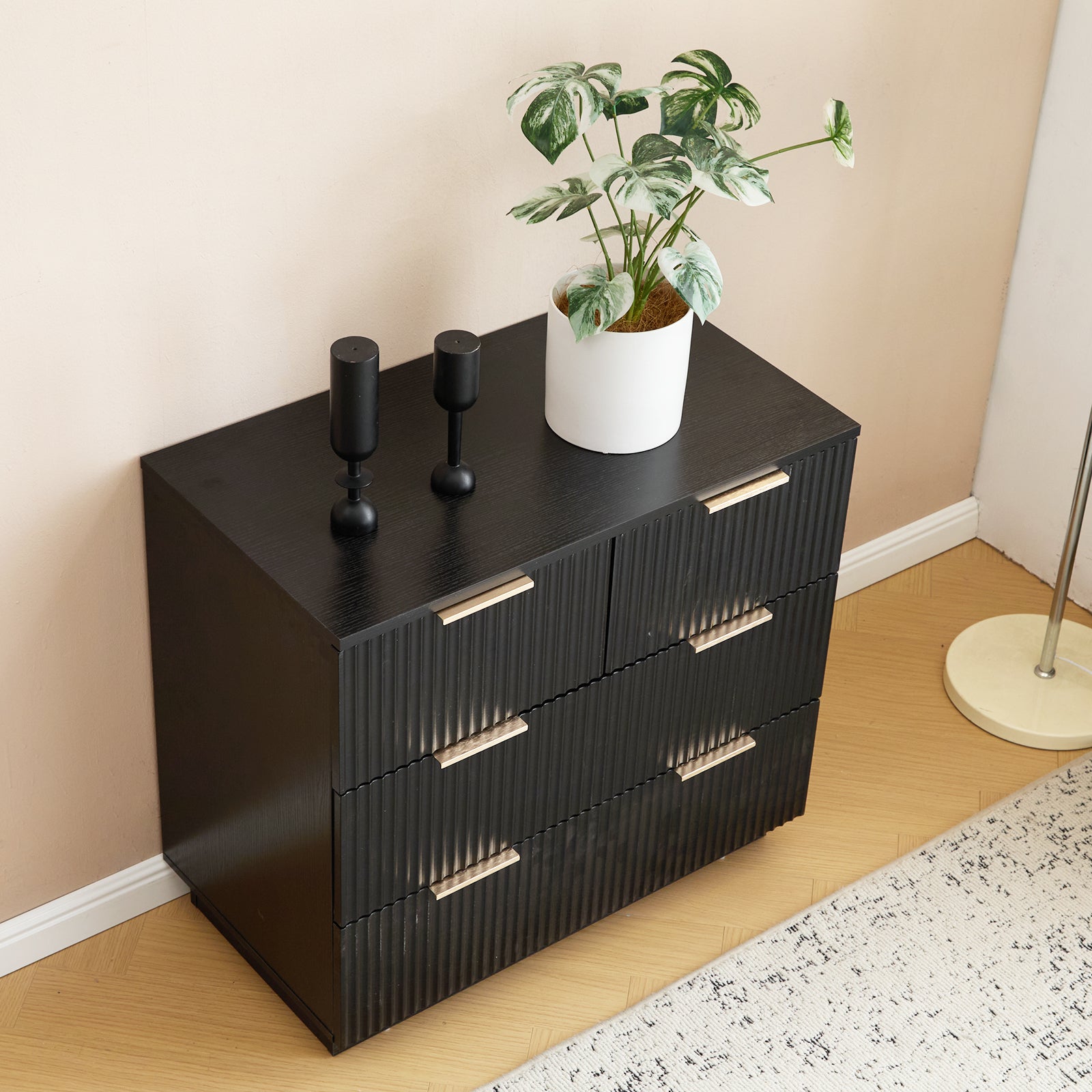 HAOYYE Black 4-Drawer Nightstand, P2 Particle Board & Density Board Bedside Cabinet with Wavy Pattern Drawer Fronts, Modern 3-Tier Storage Dresser for Bedroom & Living Room, Space-Saving Nightstand with Sturdy Construction