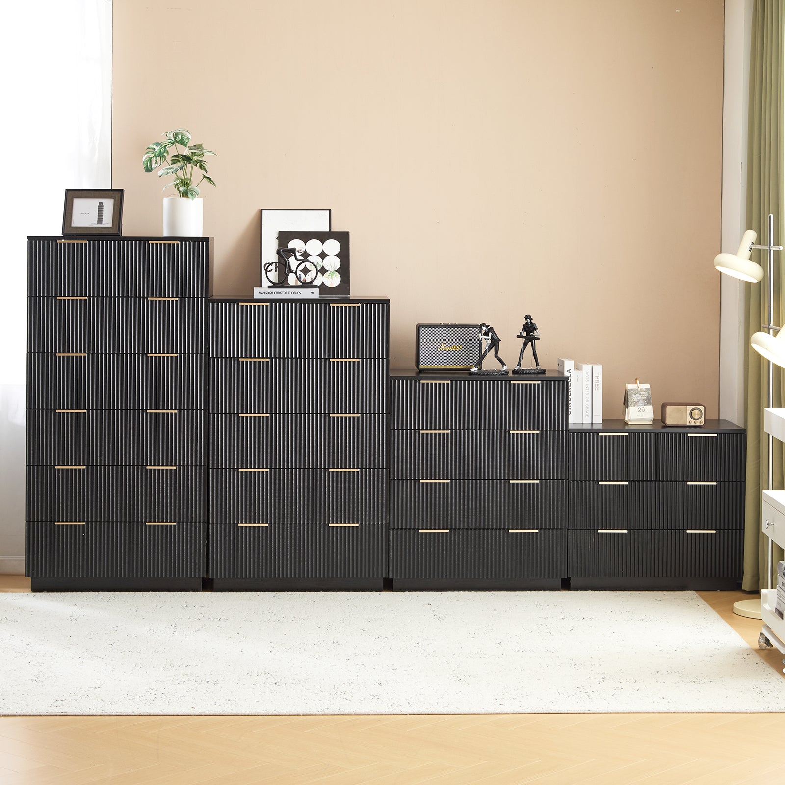 HAOYYE Black 4-Drawer Nightstand, P2 Particle Board & Density Board Bedside Cabinet with Wavy Pattern Drawer Fronts, Modern 3-Tier Storage Dresser for Bedroom & Living Room, Space-Saving Nightstand with Sturdy Construction
