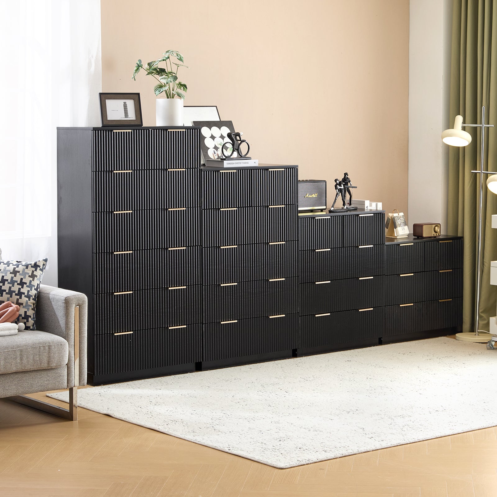 HAOYYE Black 4-Drawer Nightstand, P2 Particle Board & Density Board Bedside Cabinet with Wavy Pattern Drawer Fronts, Modern 3-Tier Storage Dresser for Bedroom & Living Room, Space-Saving Nightstand with Sturdy Construction