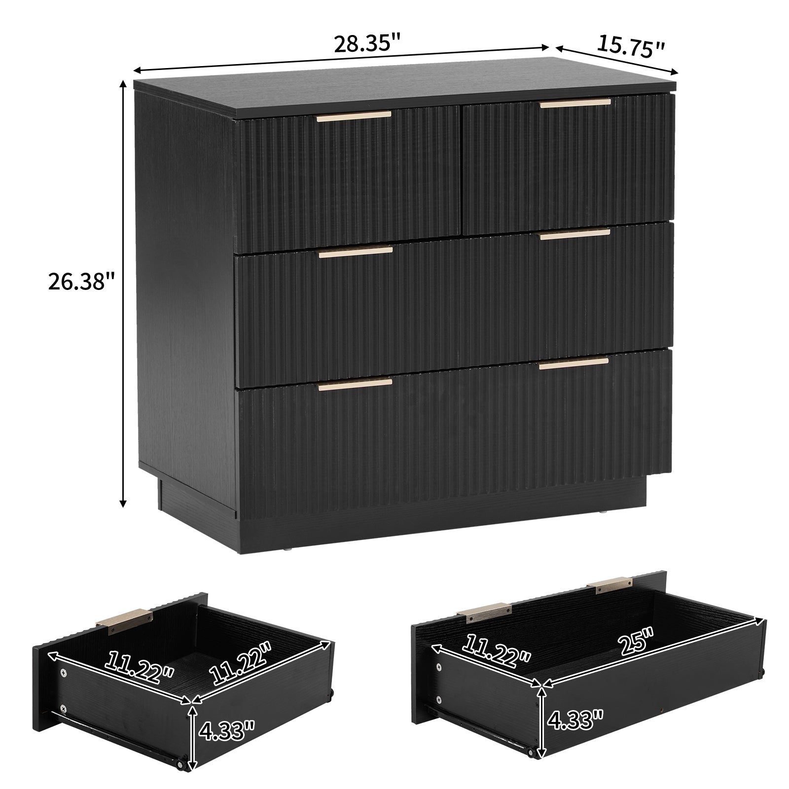 HAOYYE Black 4-Drawer Nightstand, P2 Particle Board & Density Board Bedside Cabinet with Wavy Pattern Drawer Fronts, Modern 3-Tier Storage Dresser for Bedroom & Living Room, Space-Saving Nightstand with Sturdy Construction