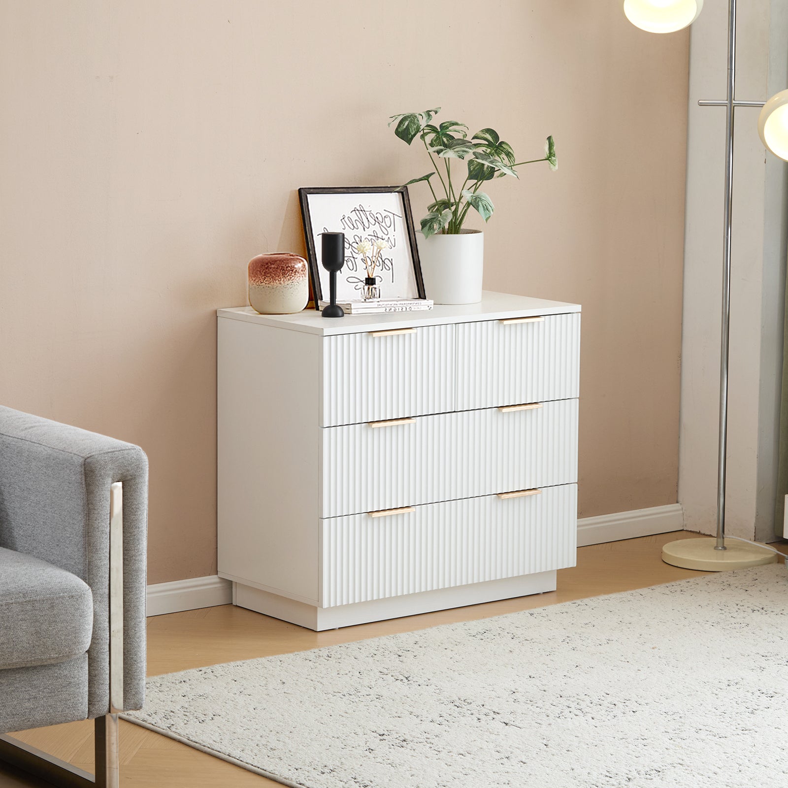 HAOYYE FCH White 4-Drawer Nightstand, P2 Particle Board & Density Board Bedside Cabinet with Wavy Pattern Drawer Fronts, Modern 3-Tier Storage Dresser for Bedroom & Living Room, Space-Saving Nightstand with Sturdy Construction
