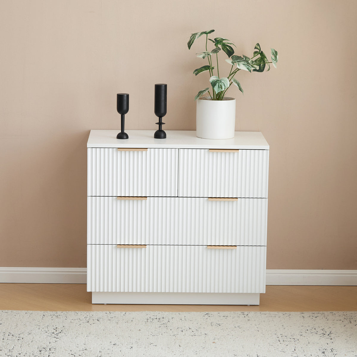 HAOYYE FCH White 4-Drawer Nightstand, P2 Particle Board & Density Board Bedside Cabinet with Wavy Pattern Drawer Fronts, Modern 3-Tier Storage Dresser for Bedroom & Living Room, Space-Saving Nightstand with Sturdy Construction