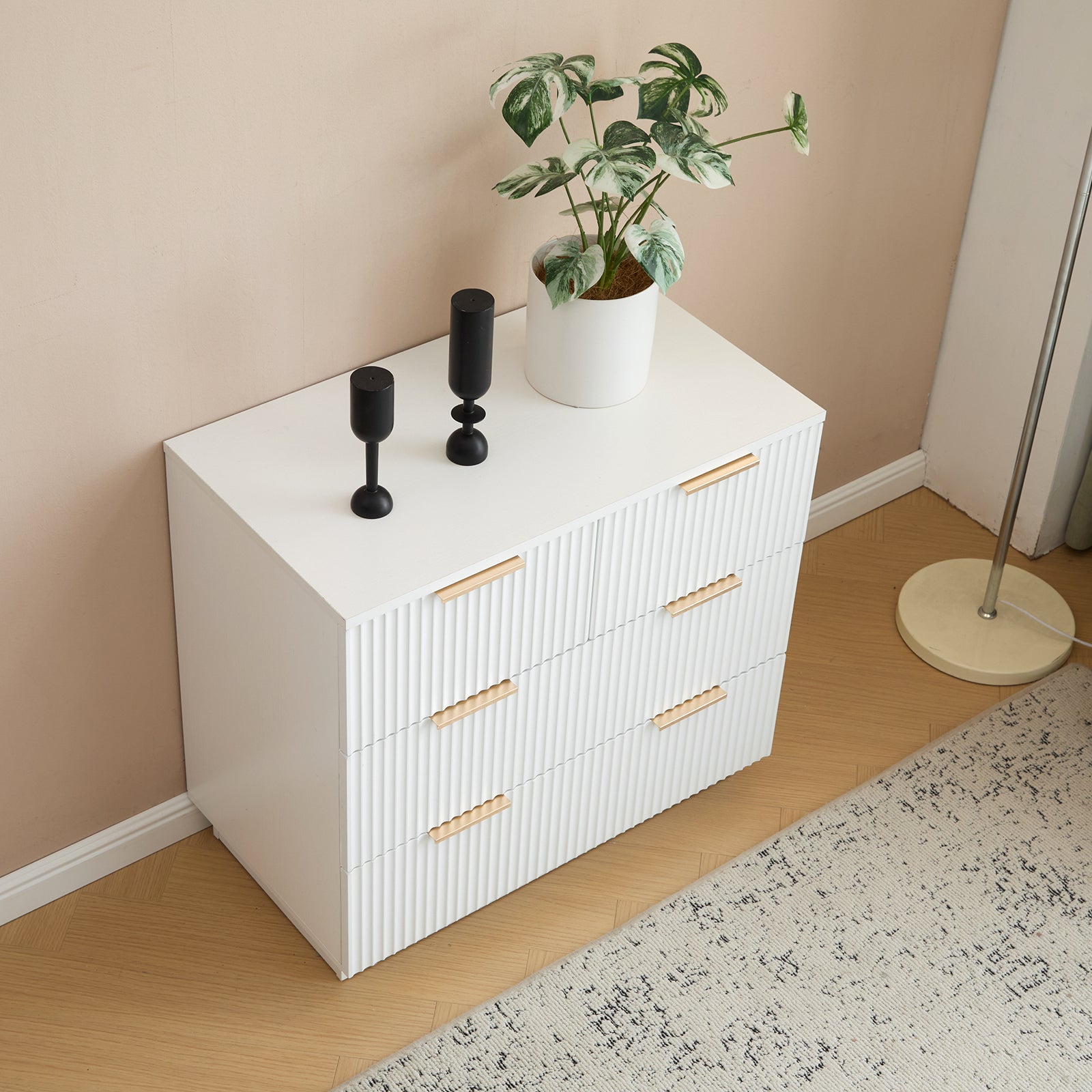 HAOYYE FCH White 4-Drawer Nightstand, P2 Particle Board & Density Board Bedside Cabinet with Wavy Pattern Drawer Fronts, Modern 3-Tier Storage Dresser for Bedroom & Living Room, Space-Saving Nightstand with Sturdy Construction