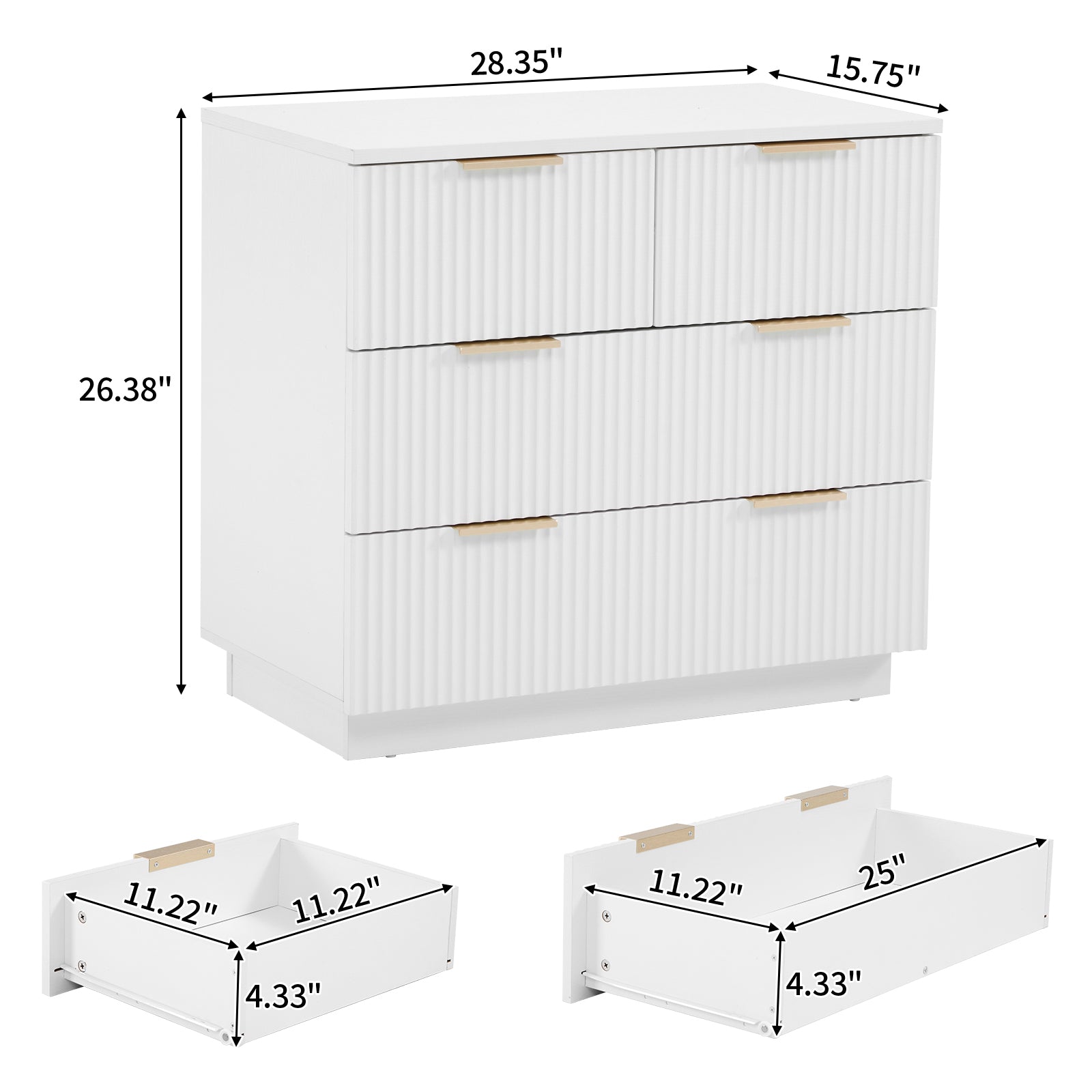 HAOYYE FCH White 4-Drawer Nightstand, P2 Particle Board & Density Board Bedside Cabinet with Wavy Pattern Drawer Fronts, Modern 3-Tier Storage Dresser for Bedroom & Living Room, Space-Saving Nightstand with Sturdy Construction