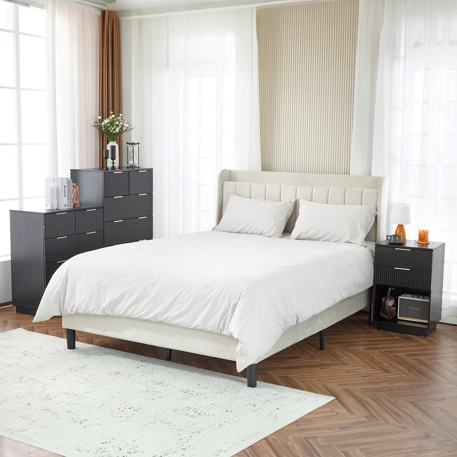 HAOYYE Black 2-Drawer Nightstand, P2 Density Board Bedside Cabinet with Wavy Pattern Drawer Fronts, Modern Storage End Table for Bedroom & Living Room, Space-Saving Nightstand with Sturdy Construction