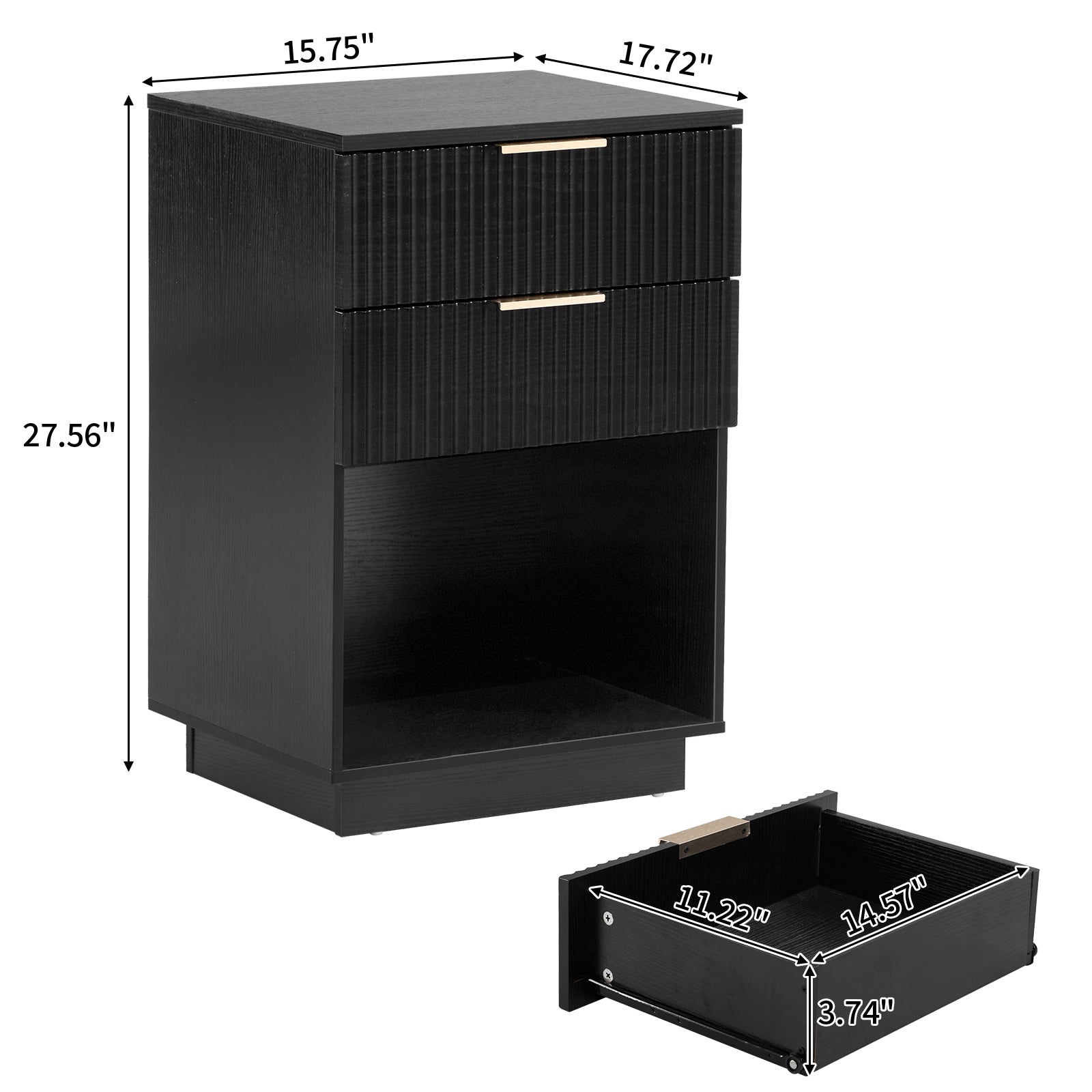 HAOYYE Black 2-Drawer Nightstand, P2 Density Board Bedside Cabinet with Wavy Pattern Drawer Fronts, Modern Storage End Table for Bedroom & Living Room, Space-Saving Nightstand with Sturdy Construction