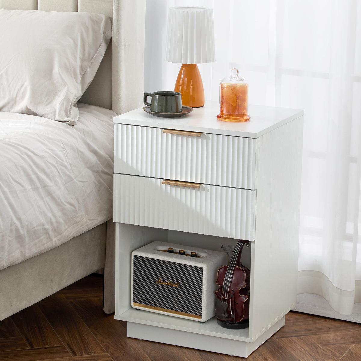 HAOYYE White 2-Drawer Nightstand, P2 Density Board Bedside Cabinet with Wavy Pattern Drawer Fronts, Modern End Table for Bedroom & Living Room, Compact Storage Organizer with Sturdy Construction, Stylish & Space-Saving Design