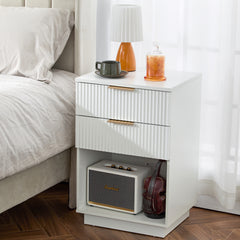 HAOYYE White 2-Drawer Nightstand, P2 Density Board Bedside Cabinet with Wavy Pattern Drawer Fronts, Modern End Table for Bedroom & Living Room, Compact Storage Organizer with Sturdy Construction, Stylish & Space-Saving Design