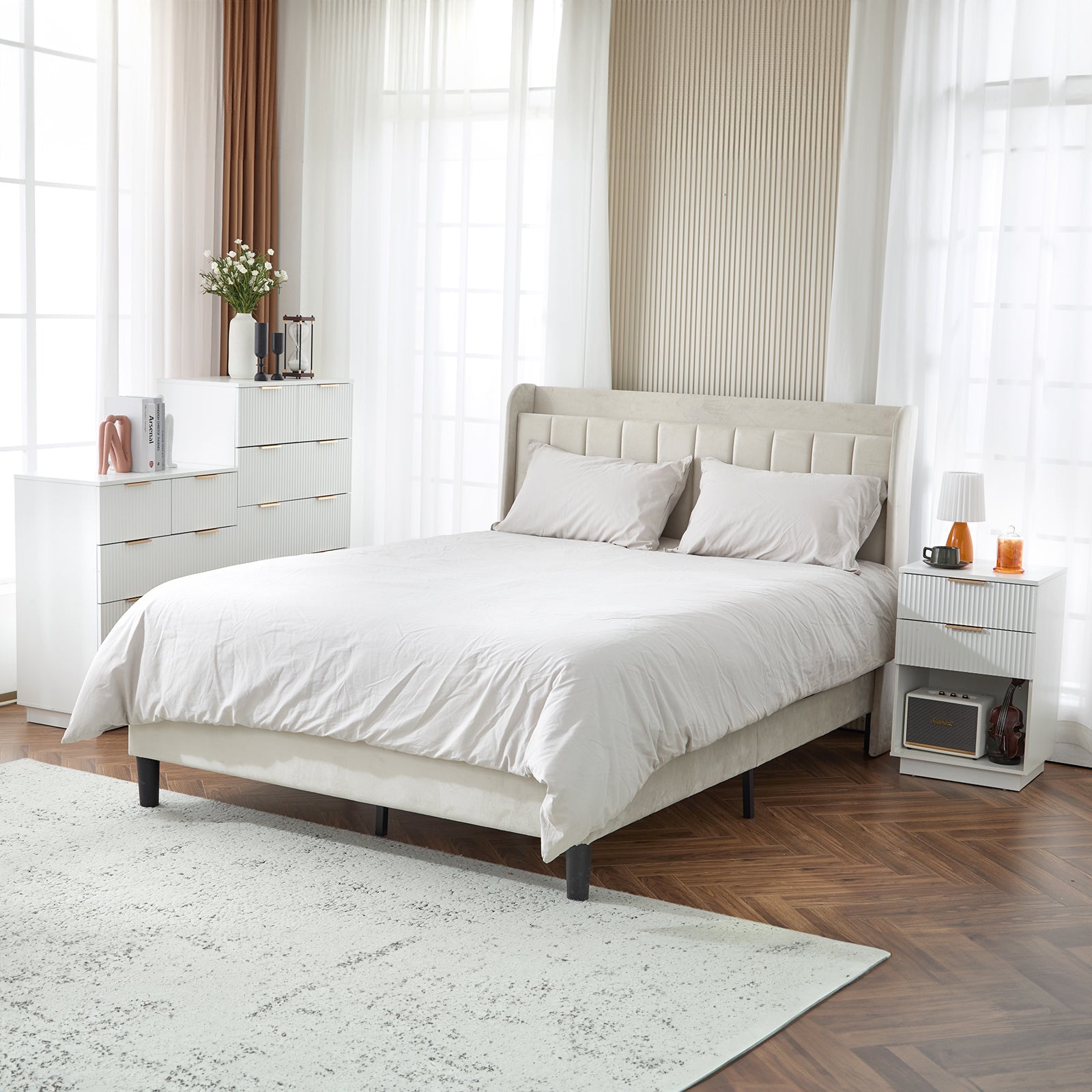 HAOYYE White 2-Drawer Nightstand, P2 Density Board Bedside Cabinet with Wavy Pattern Drawer Fronts, Modern End Table for Bedroom & Living Room, Compact Storage Organizer with Sturdy Construction, Stylish & Space-Saving Design