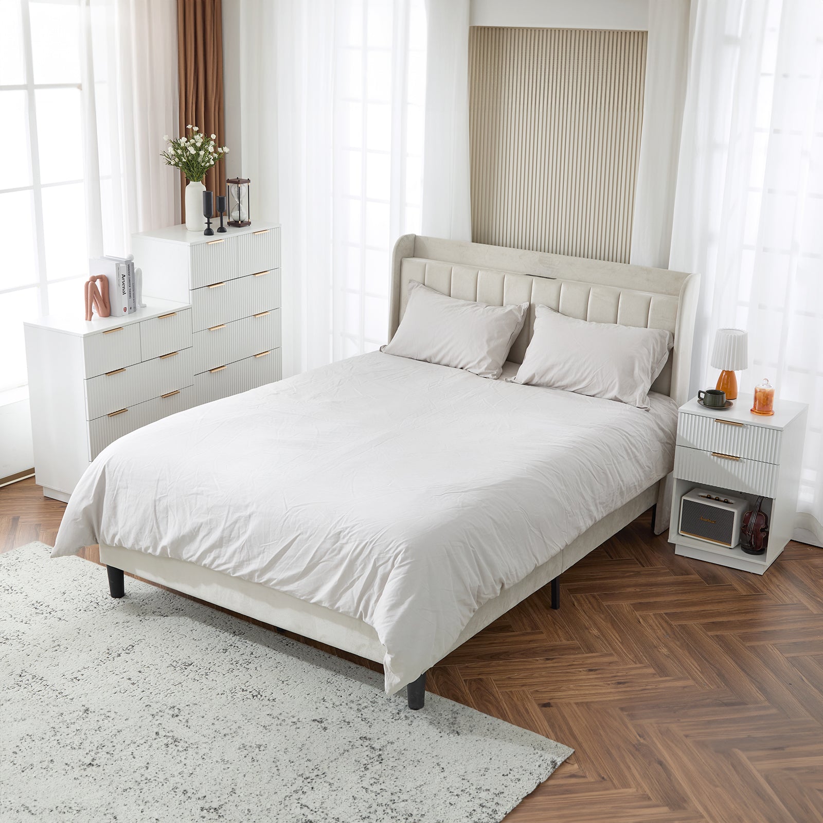 HAOYYE White 2-Drawer Nightstand, P2 Density Board Bedside Cabinet with Wavy Pattern Drawer Fronts, Modern End Table for Bedroom & Living Room, Compact Storage Organizer with Sturdy Construction, Stylish & Space-Saving Design