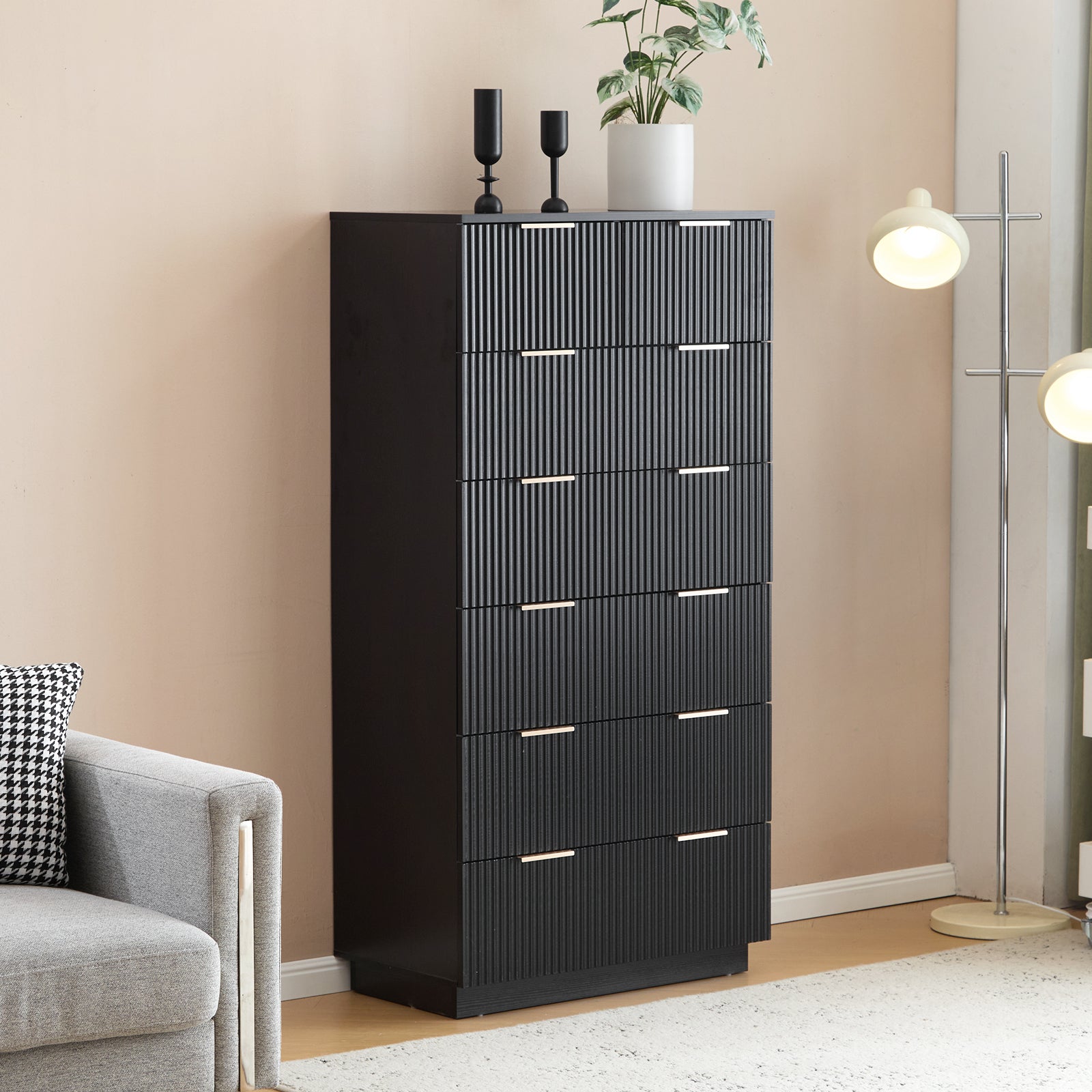 HAOYYE FCH Black Seven-Drawer Cabinet with Wavy Pattern Drawer Front, 72x41x141cm, P2 Particle Board and Density Board, Six-Level Storage Organizer for Bedroom, Living Room, Closet, and Office – Durable & Stylish Storage Solution