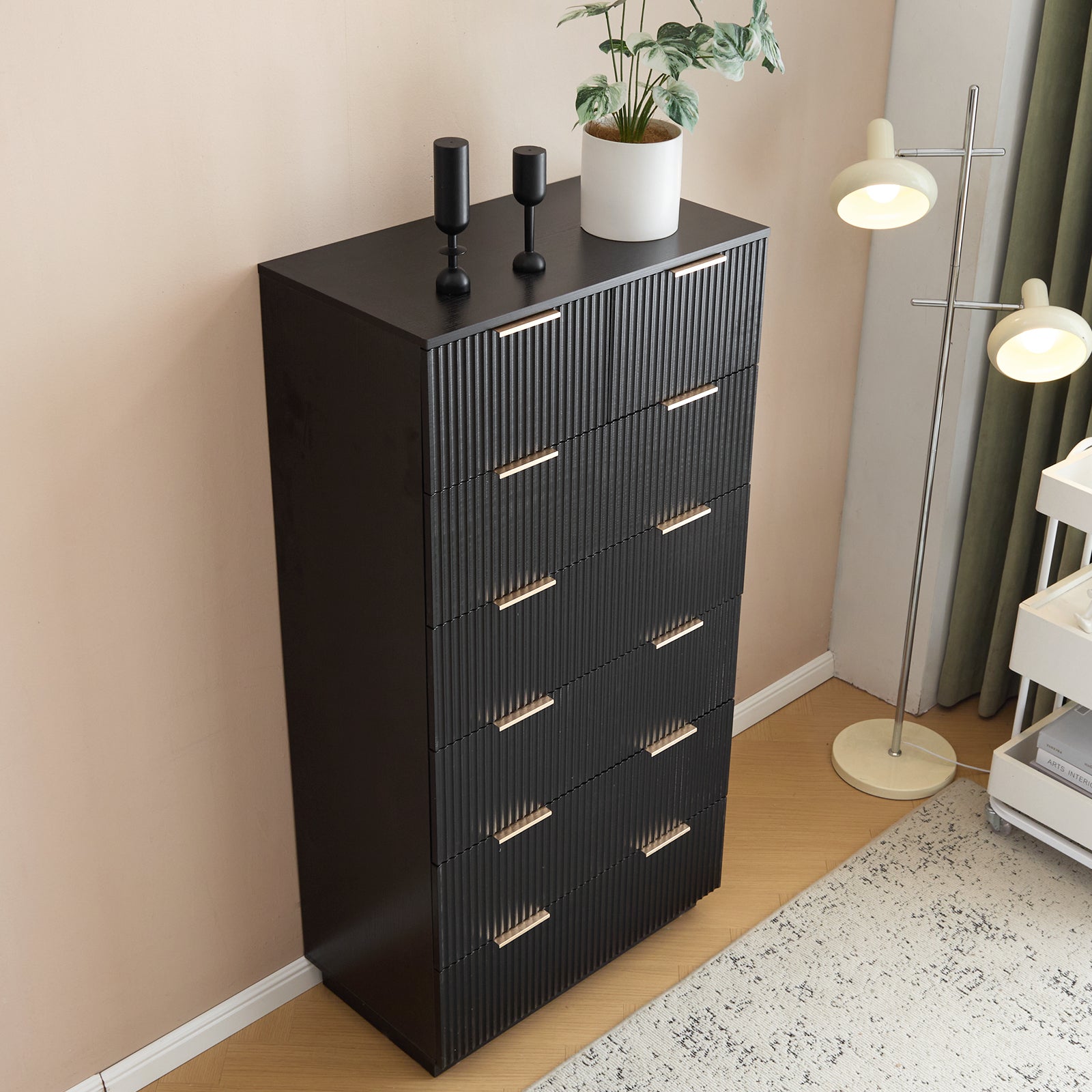 HAOYYE FCH Black Seven-Drawer Cabinet with Wavy Pattern Drawer Front, 72x41x141cm, P2 Particle Board and Density Board, Six-Level Storage Organizer for Bedroom, Living Room, Closet, and Office – Durable & Stylish Storage Solution