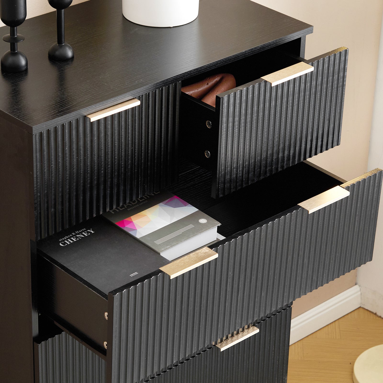HAOYYE FCH Black Seven-Drawer Cabinet with Wavy Pattern Drawer Front, 72x41x141cm, P2 Particle Board and Density Board, Six-Level Storage Organizer for Bedroom, Living Room, Closet, and Office – Durable & Stylish Storage Solution