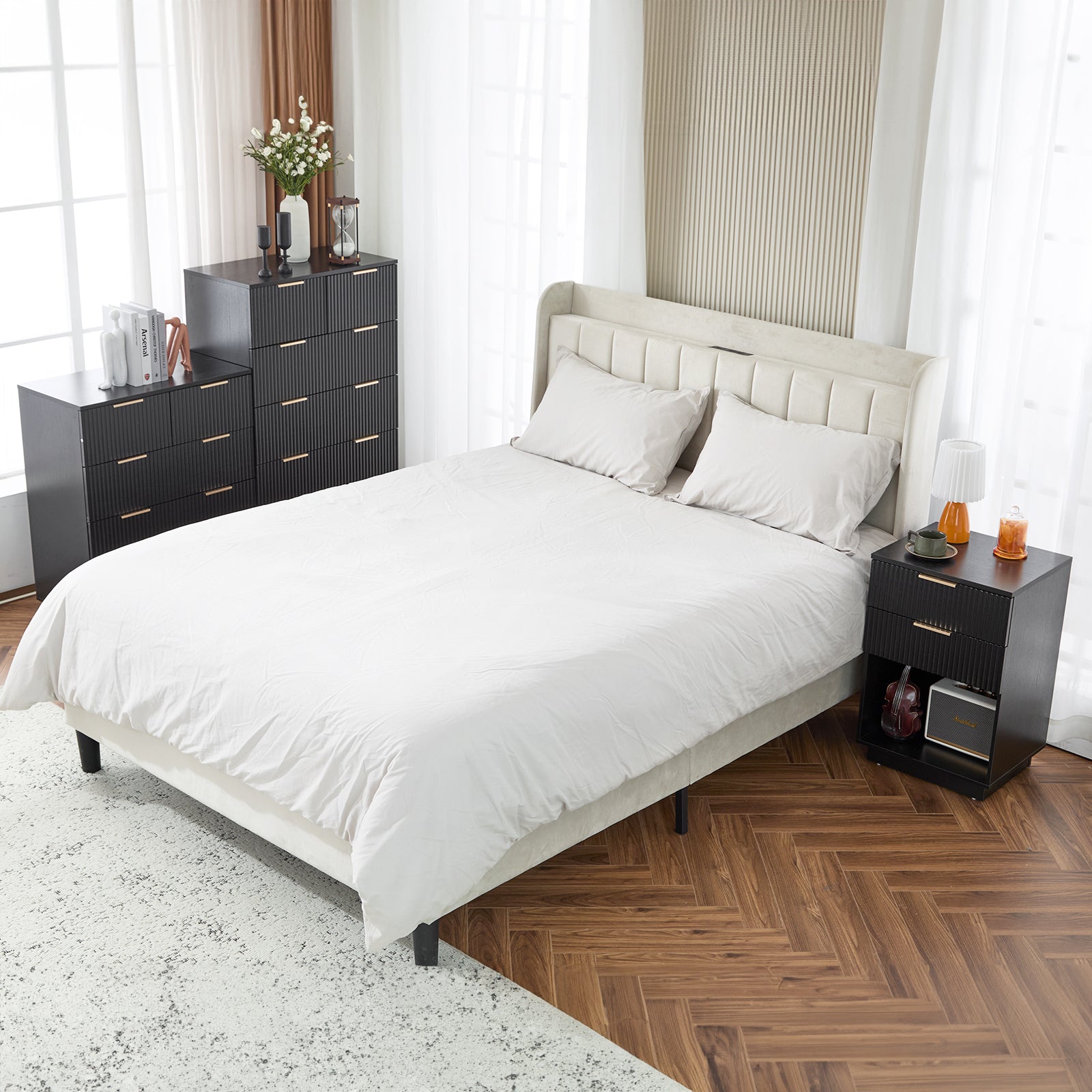 HAOYYE Black Five-Level Six-Drawer Storage Cabinet, P2 Particle Board & Density Board with Wavy Pattern Drawer Front, 72x41x117cm, Modern Multi-Function Storage Organizer for Bedroom, Living Room, Office, Durable and Stylish Home Storage Solution